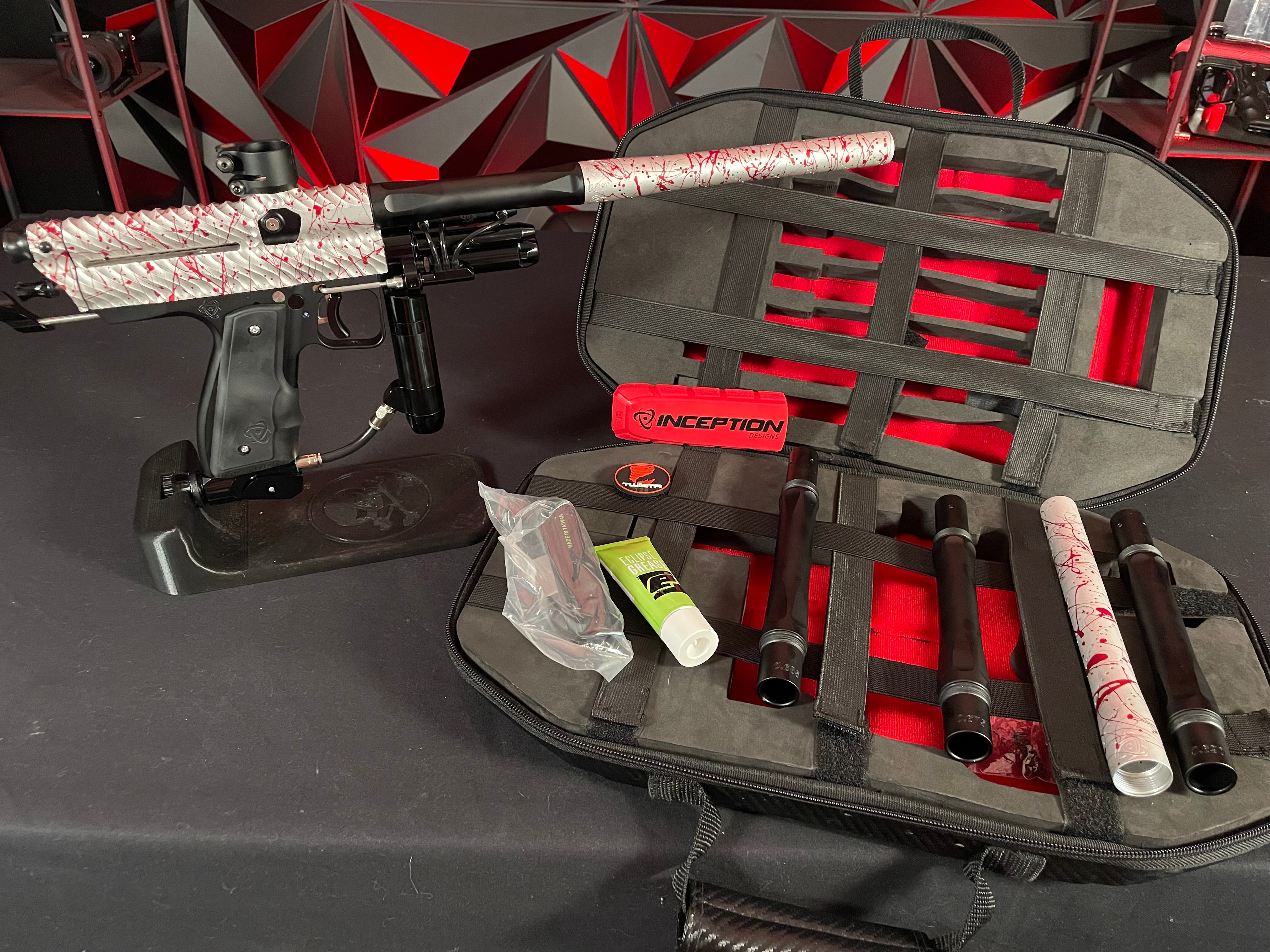 Used Inception Designs Twister Autococker Paintball Gun - Red Splash #128 w/4 Backs & 2 Tips