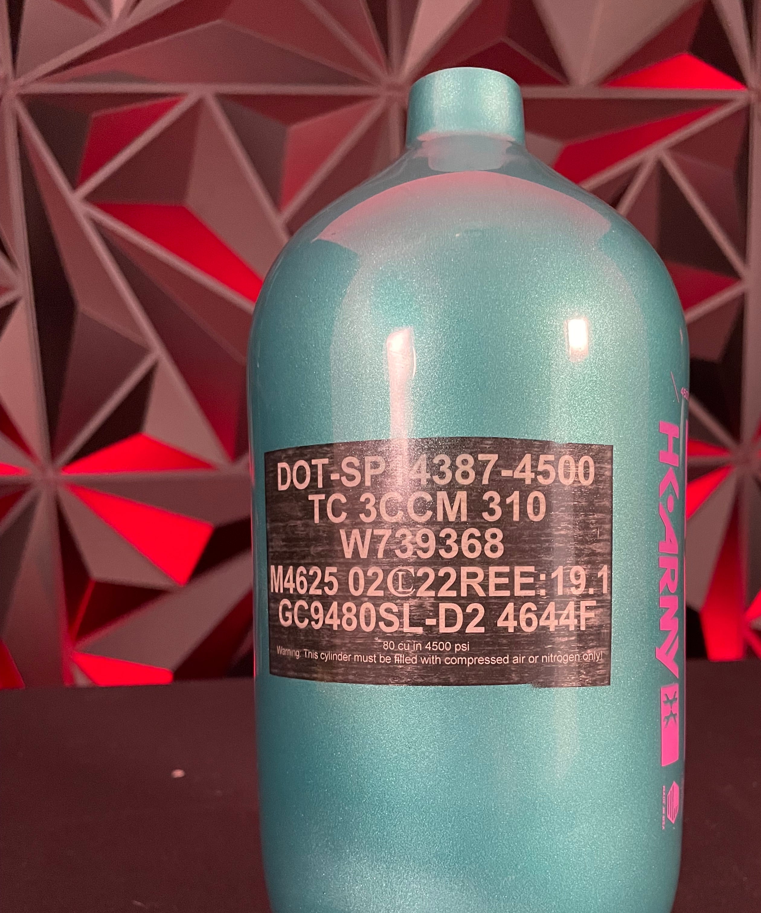 Used HK Army "Aero Lite" Extra Lite 80/4500 Paintball Tank - Teal/Pink *BOTTLE ONLY* w/Infamous Tank Case