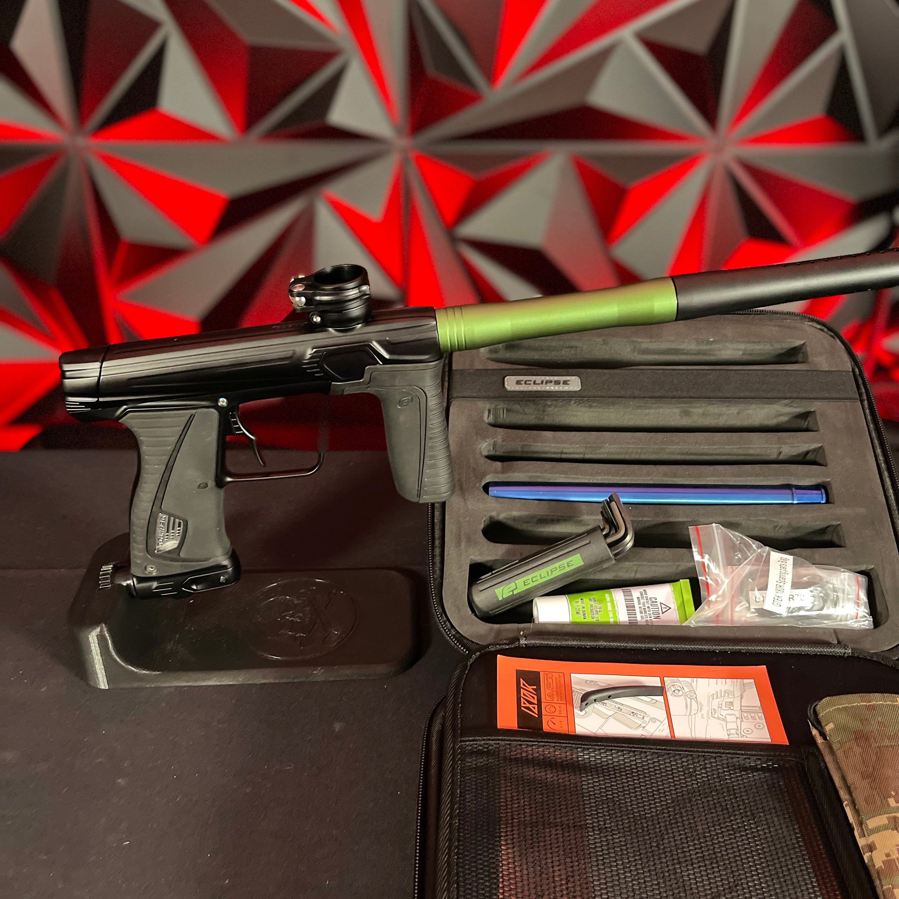 Used Planet Eclipse Gtek 180R Paintball Gun - Black w/Vyper Green Barrel Back & Infamous Deuce Trigger