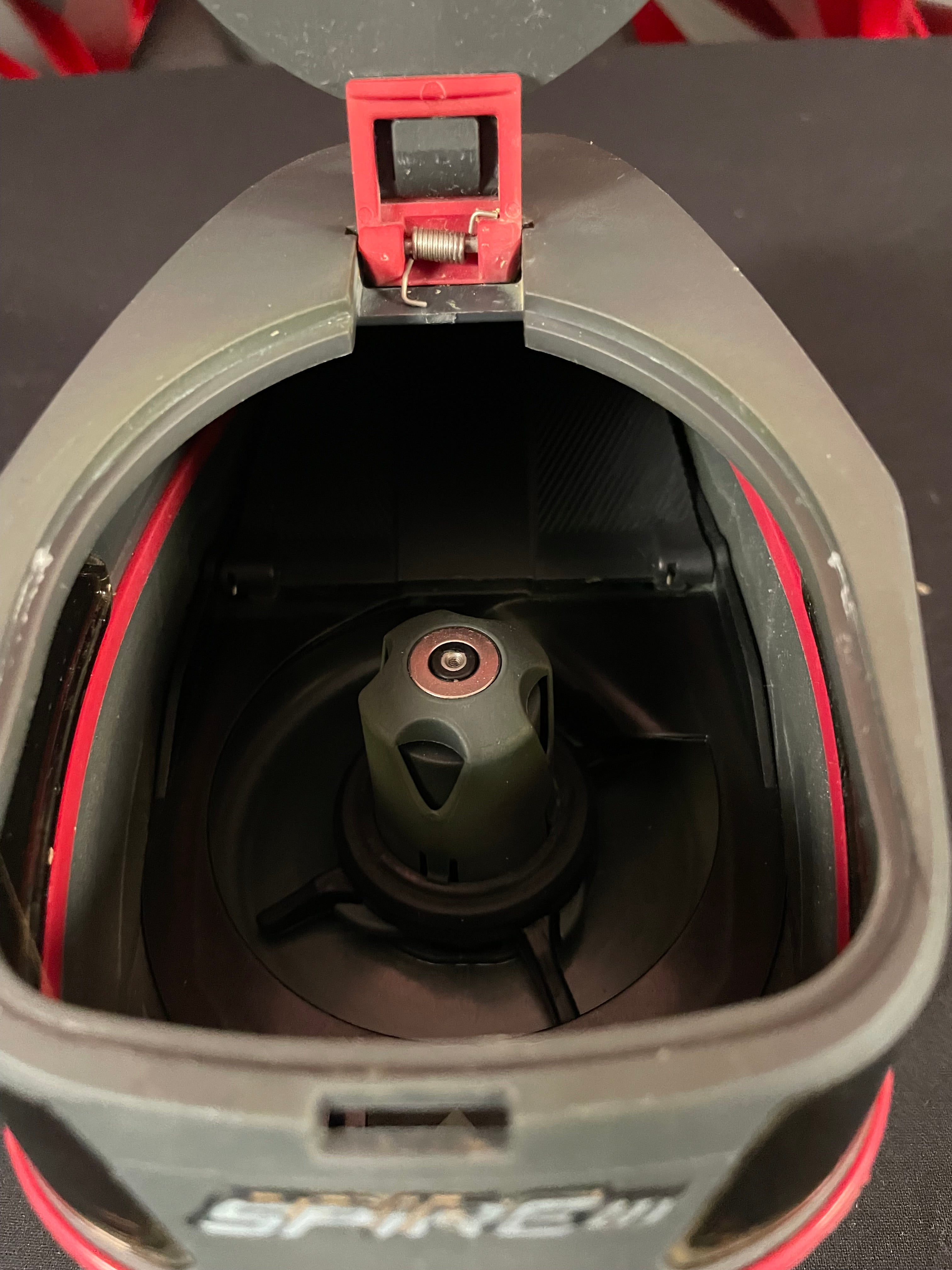 Used Virtue Spire 3 Paintball Loader - Slate Grey/Red (Fire) w/ Rain Lid