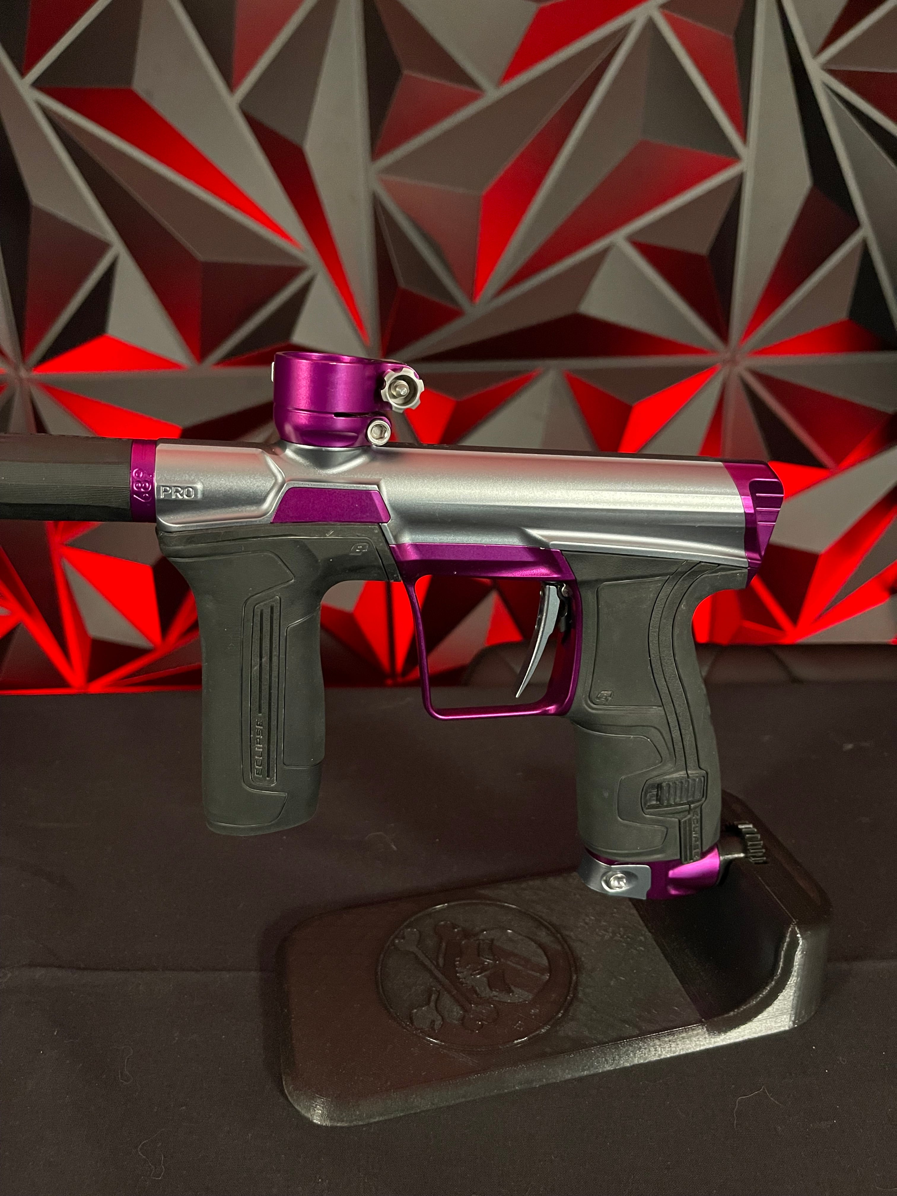 Used Planet Eclipse CS2 Pro Paintball Gun - Grey/Purple w/3 FL Backs & Infamous Deuce Trigger