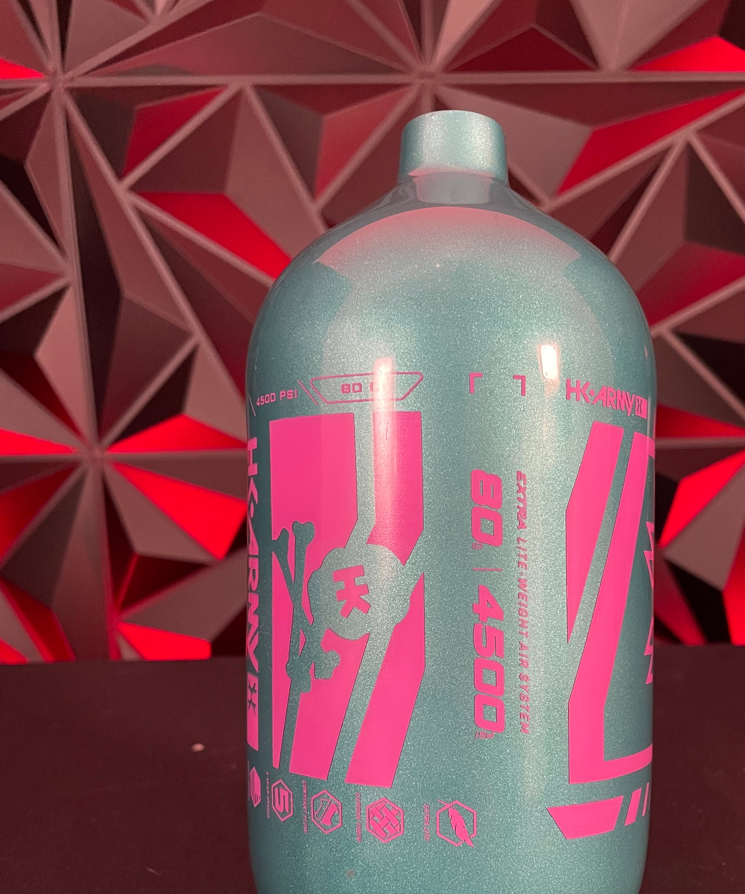 Used HK Army "Aero Lite" Extra Lite 80/4500 Paintball Tank - Teal/Pink *BOTTLE ONLY* w/Infamous Tank Case