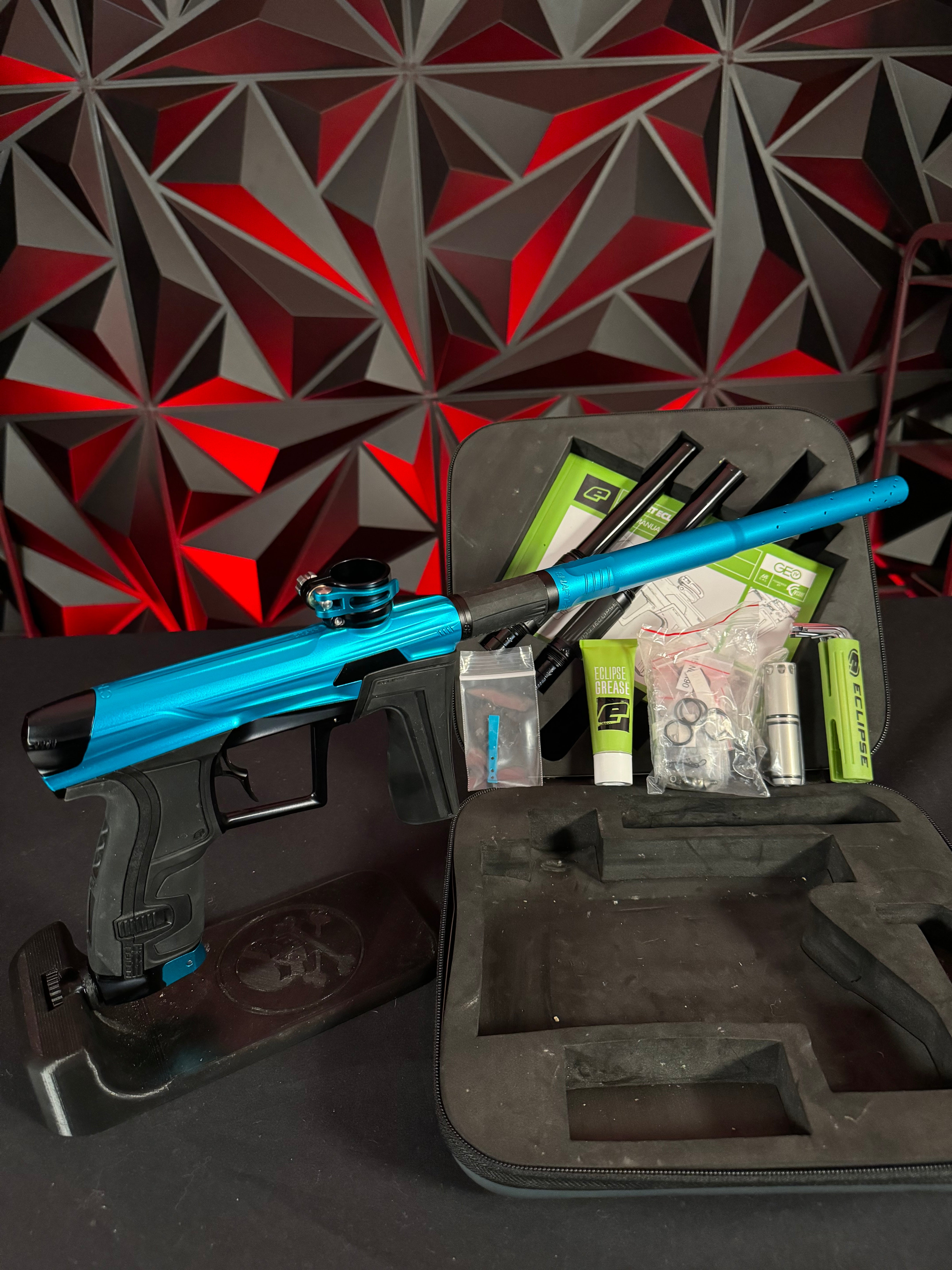 Used Planet Eclipse Geo 4 Paintball Gun - Teal/Black w/Infamous Deuce Trigger & 3 FL Backs