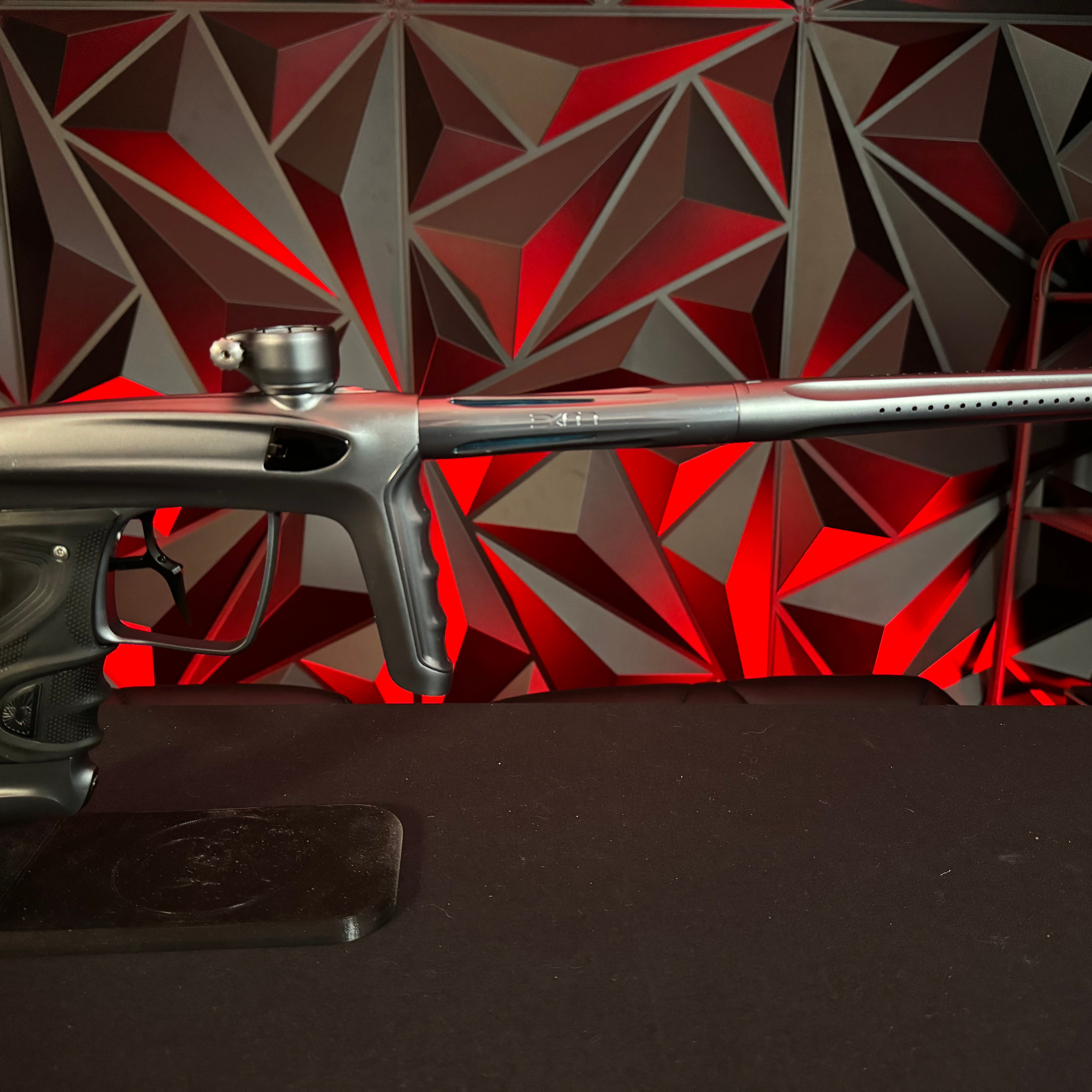 Used DLX TM40 Paintball Gun - Polished Pewter/Dust Pewter w/Infamous Deuce Trigger *Right side eye cover is Polished Black*