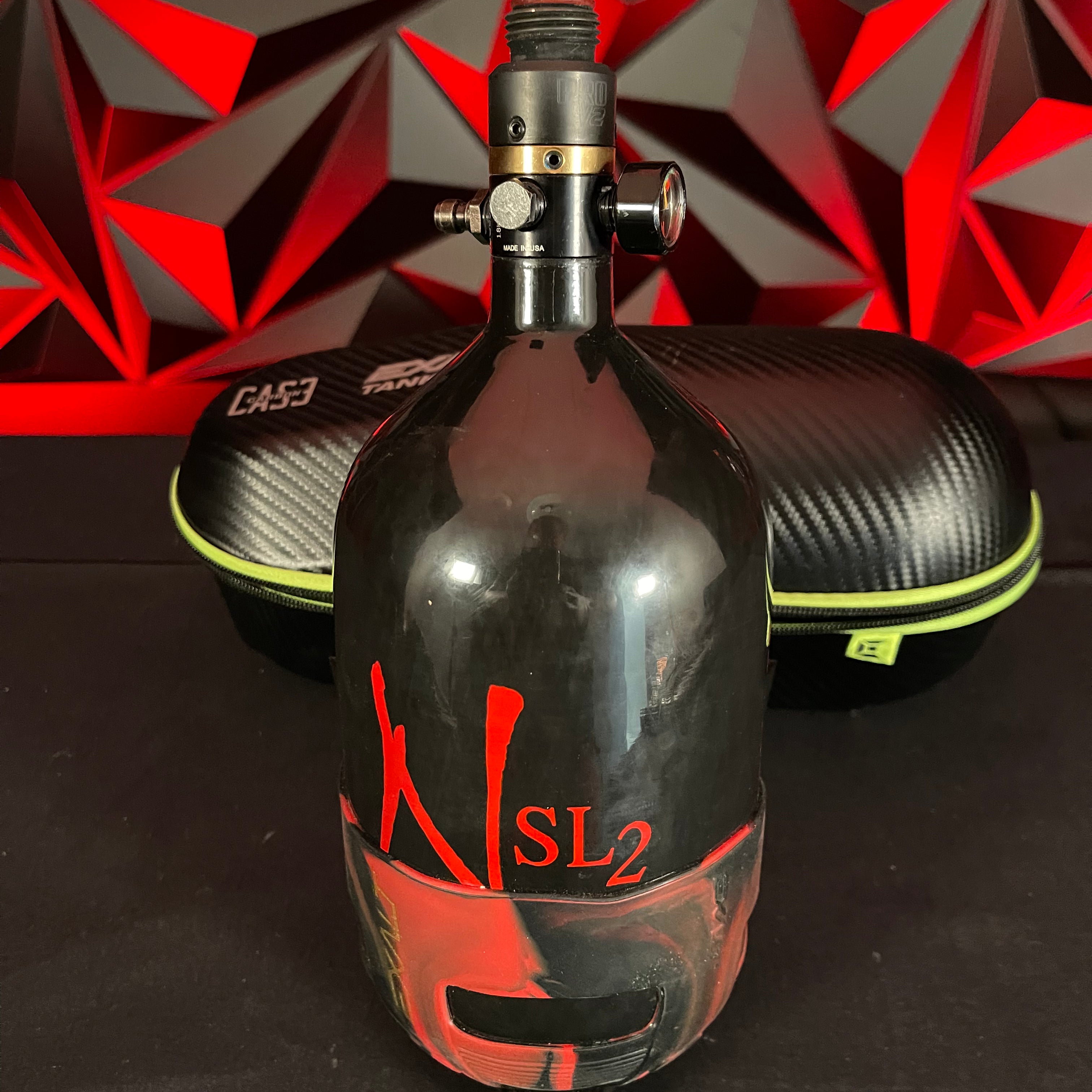 Used Ninja Sl2 68/4500 Paintball Tank w/ ProV2 - Black w/ Red & Exalt Case