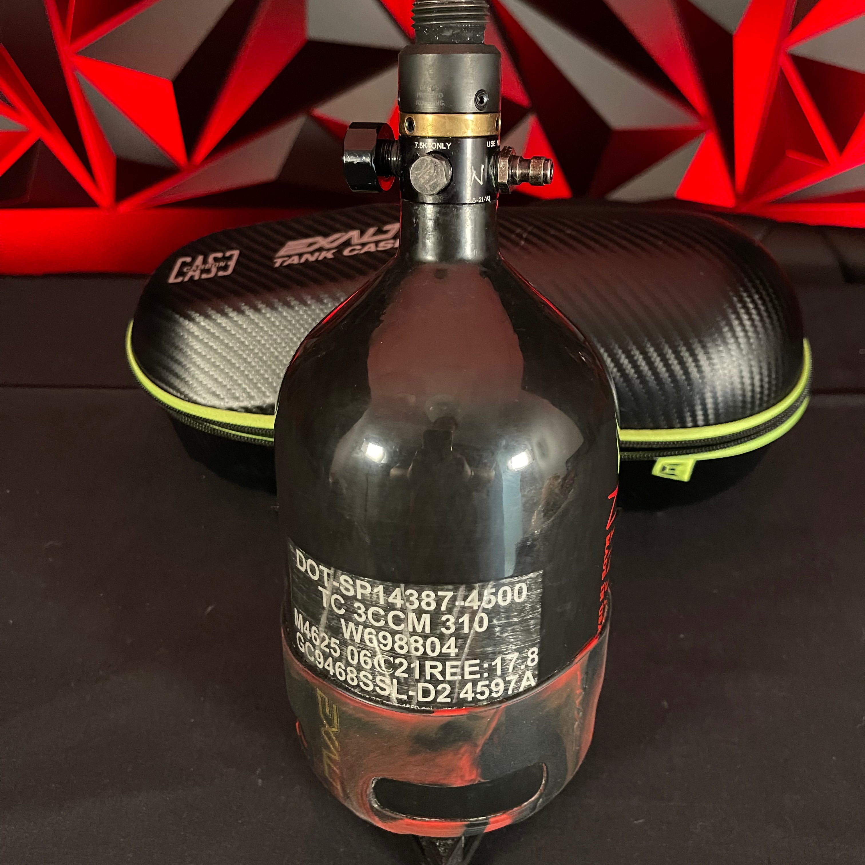 Used Ninja Sl2 68/4500 Paintball Tank w/ ProV2 - Black w/ Red & Exalt Case