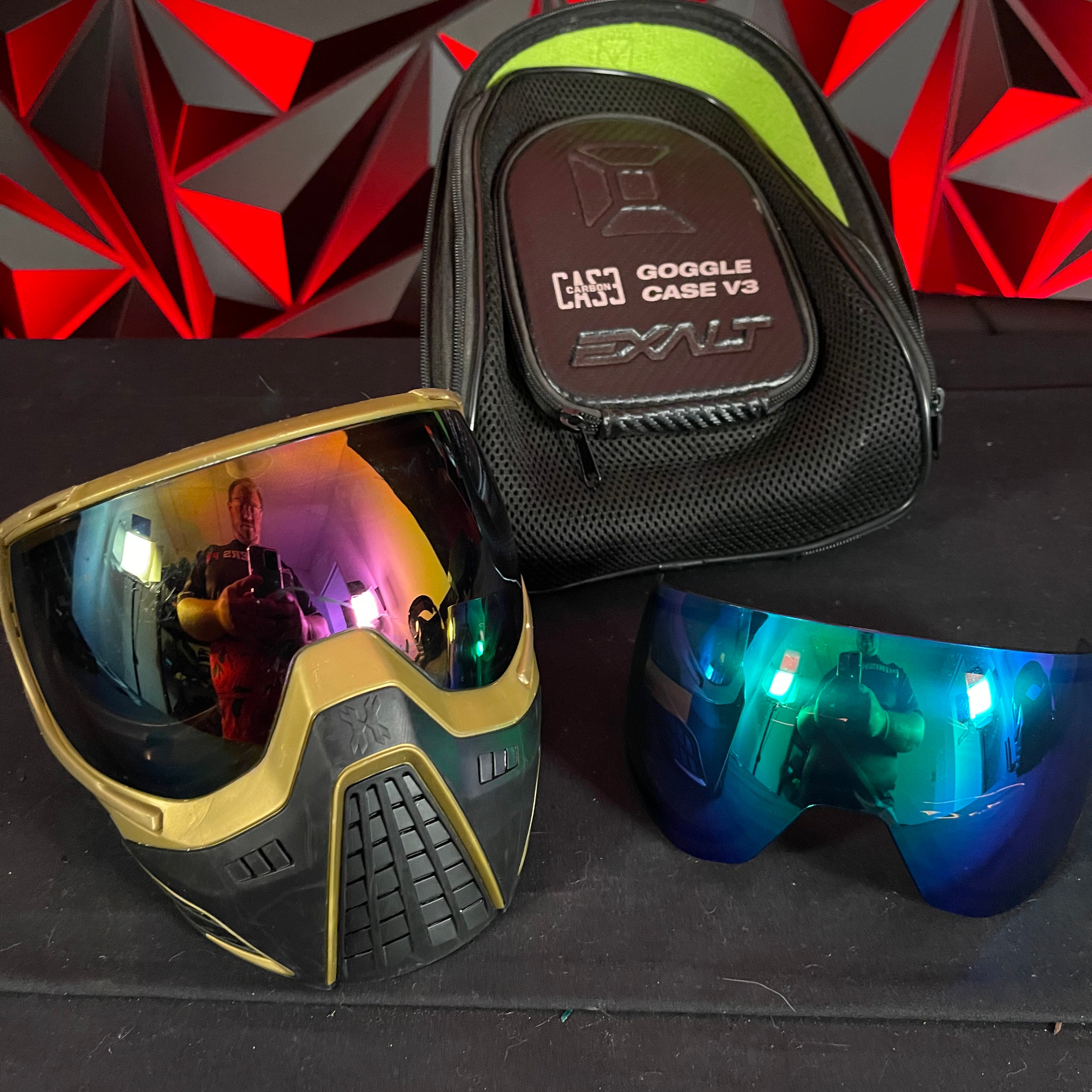 Used HK Army KLR Paintball Mask - Black/Gold w/ 2 Lenses and Exalt V3 Goggle Case