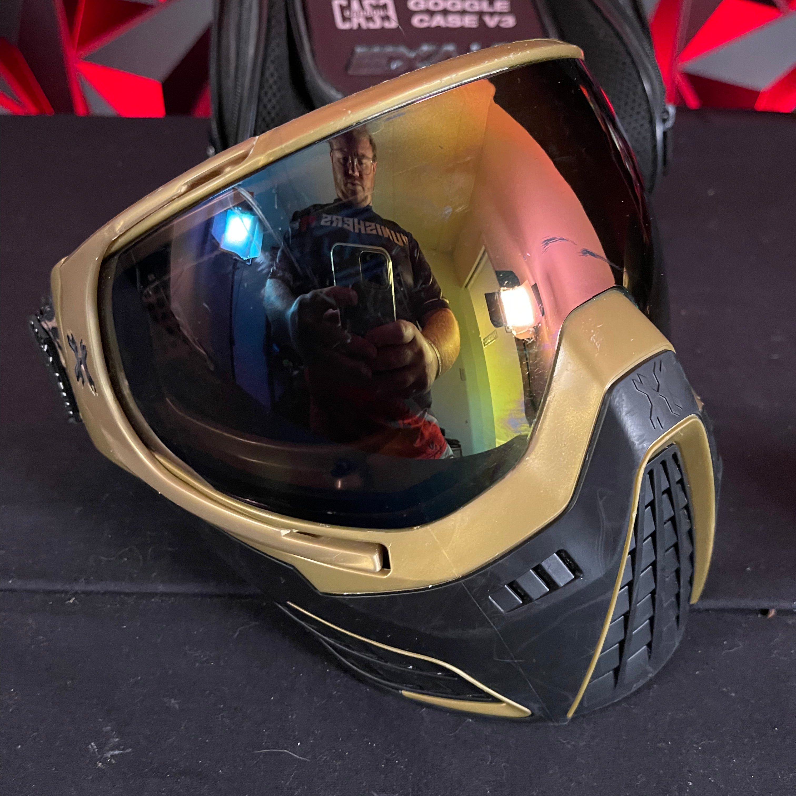 Used HK Army KLR Paintball Mask - Black/Gold w/ 2 Lenses and Exalt V3 Goggle Case