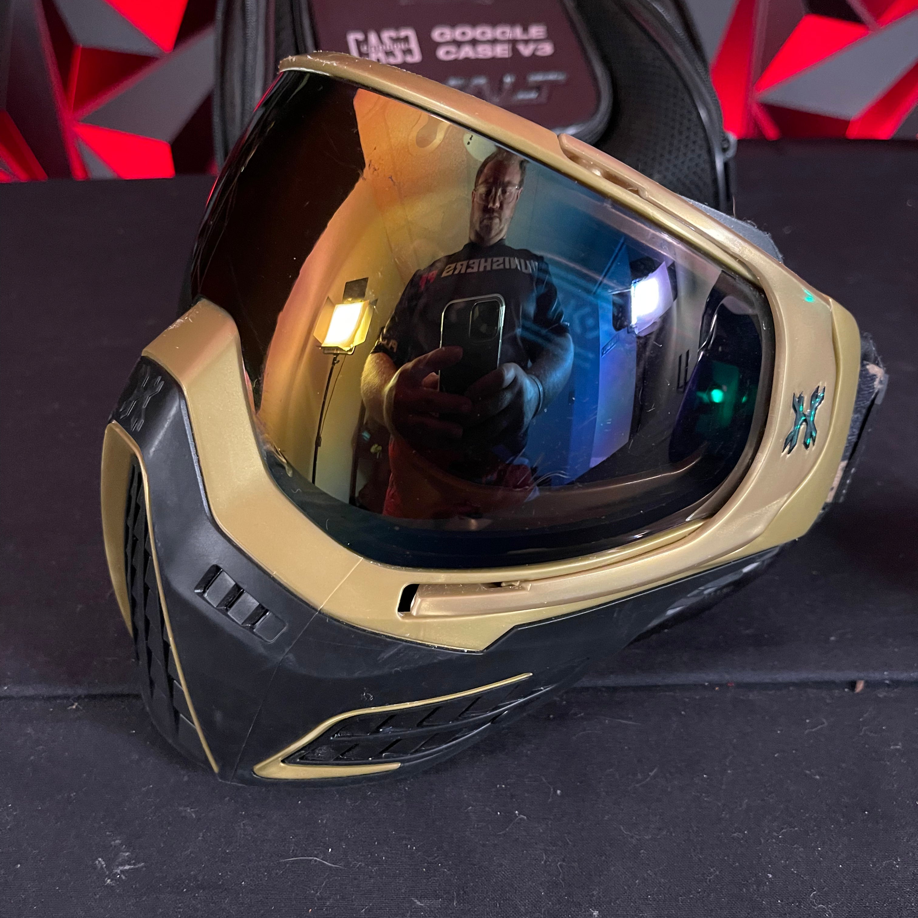 Used HK Army KLR Paintball Mask - Black/Gold w/ 2 Lenses and Exalt V3 Goggle Case