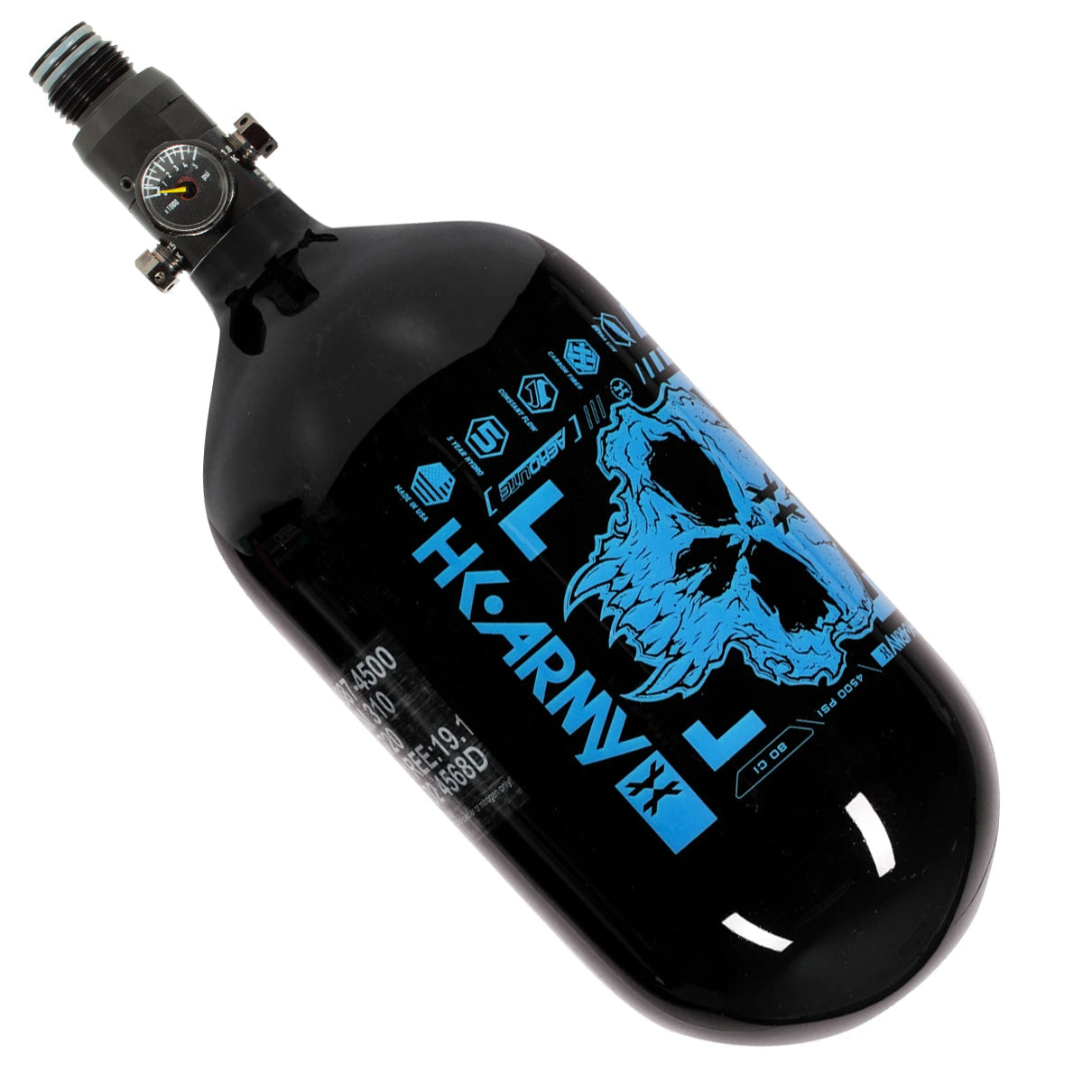 HK Army "Extra Lite" Carbon Fiber Tank - Standard Reg - Doom - 80/4500 PSI - Black/Neon Blue (HYDRO DATE 02/2022)