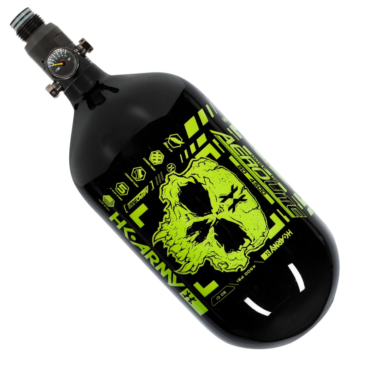 HK Army "Extra Lite" Carbon Fiber Tank - Standard Reg - Doom - 80/4500 PSI - Black/Neon Green (HYDRO DATE 11/2021)