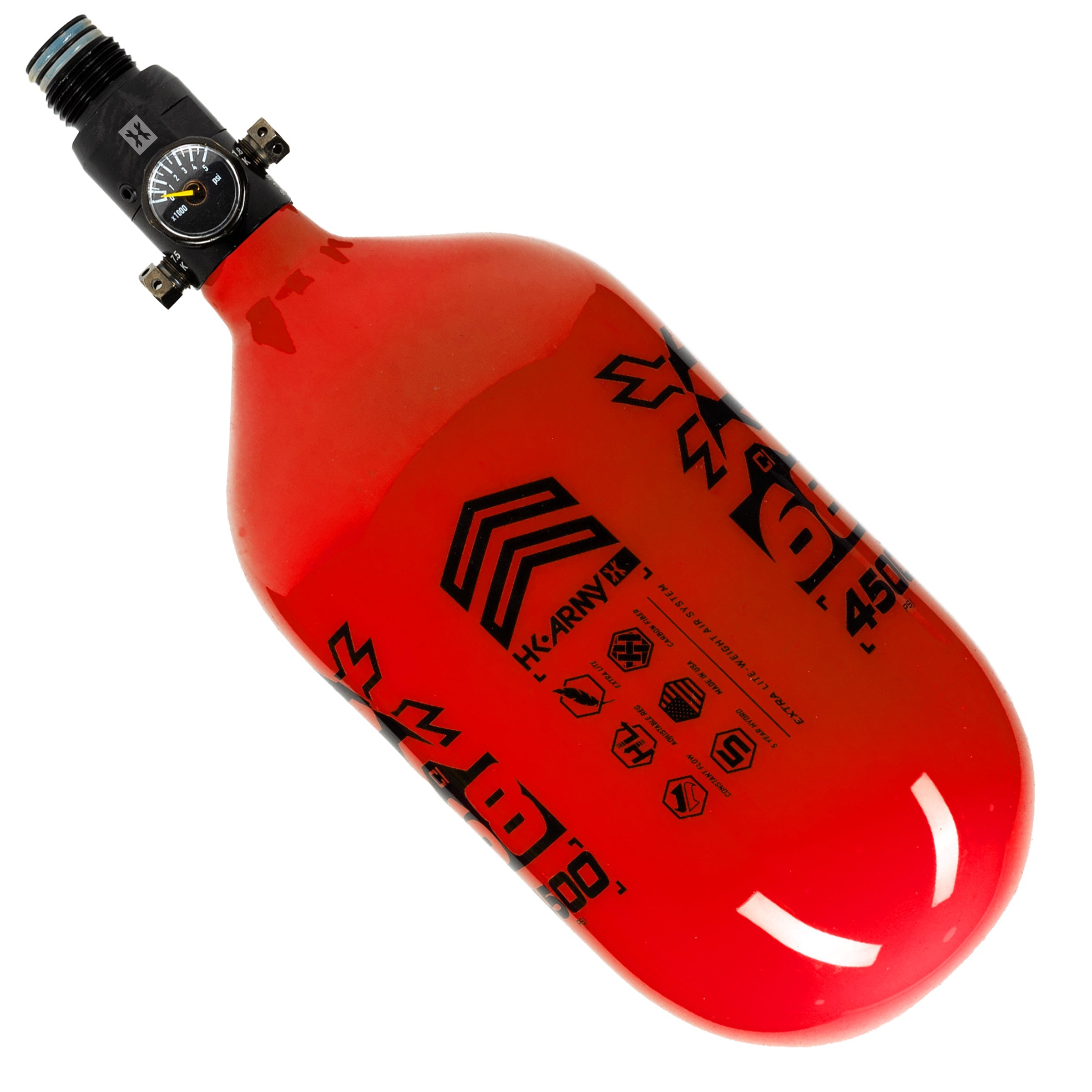 HK Army "Extra Lite" Carbon Fiber Tank - Standard Reg - RUSH - 68/4500 PSI - Red/Black