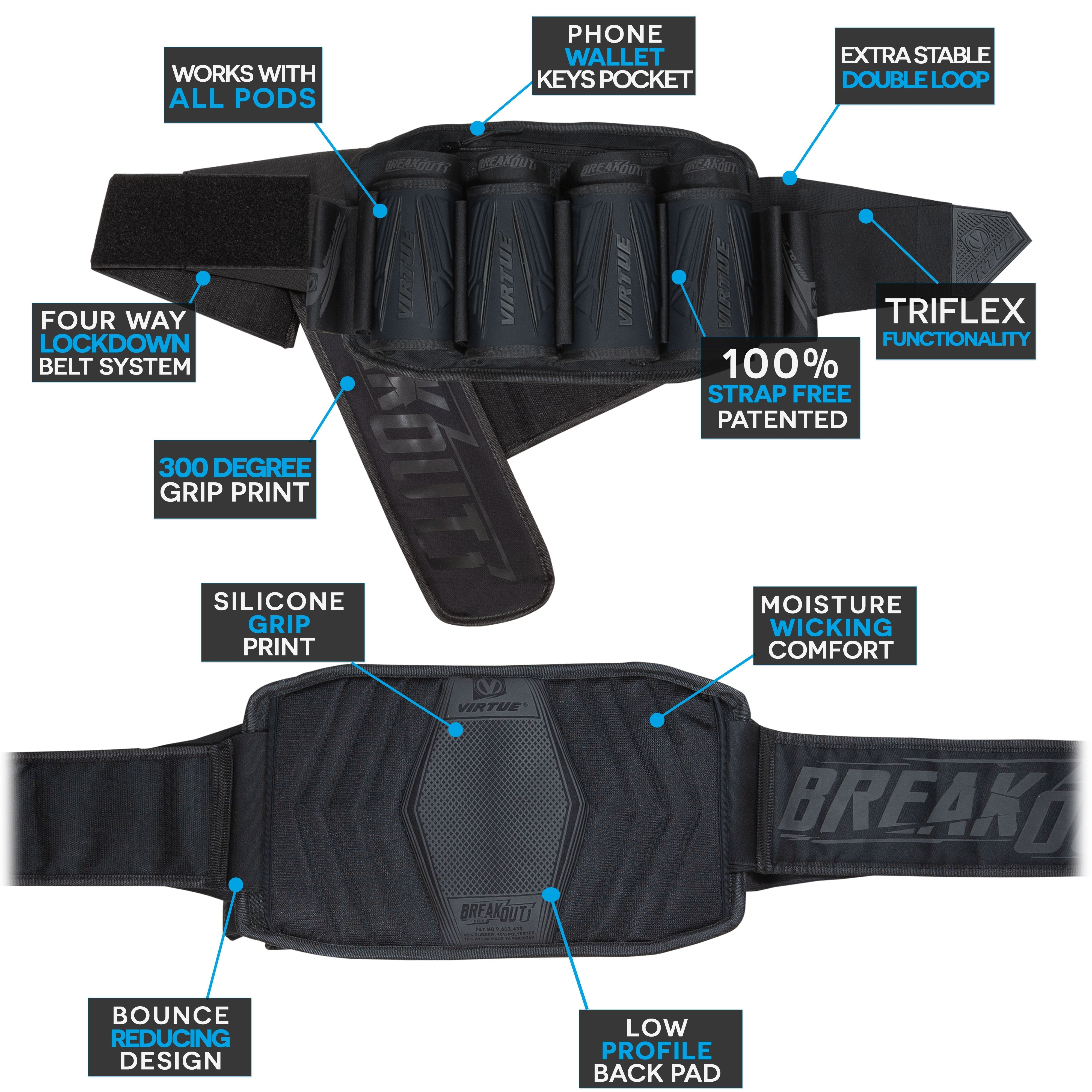 Virtue Breakout V2 Strapless Paintball Pod Pack - All Black 4+7