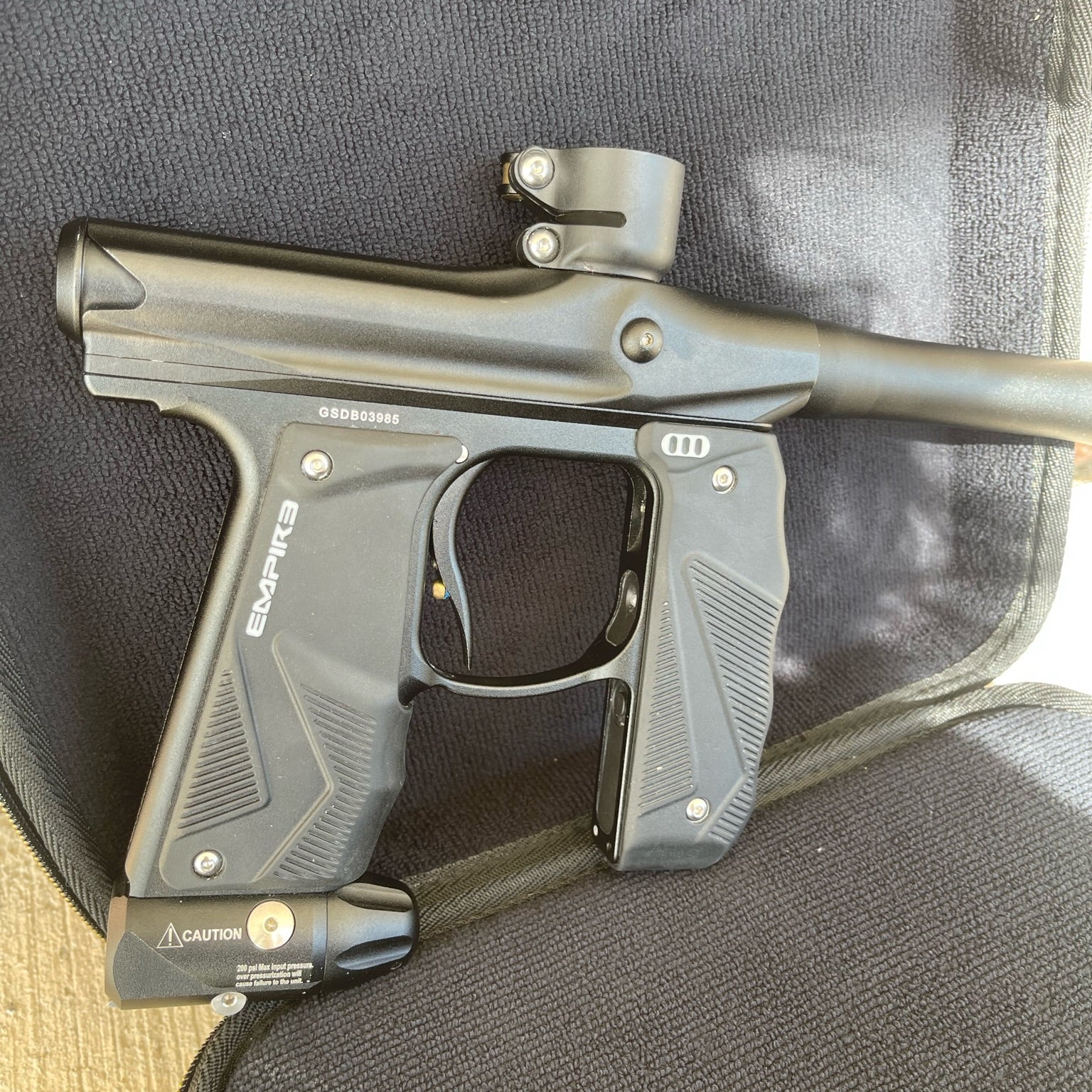 Used Empire Mini GS Paintball Gun - Black w/ 2 Piece Barrel & HK Army Exo 2.0 Marker Case