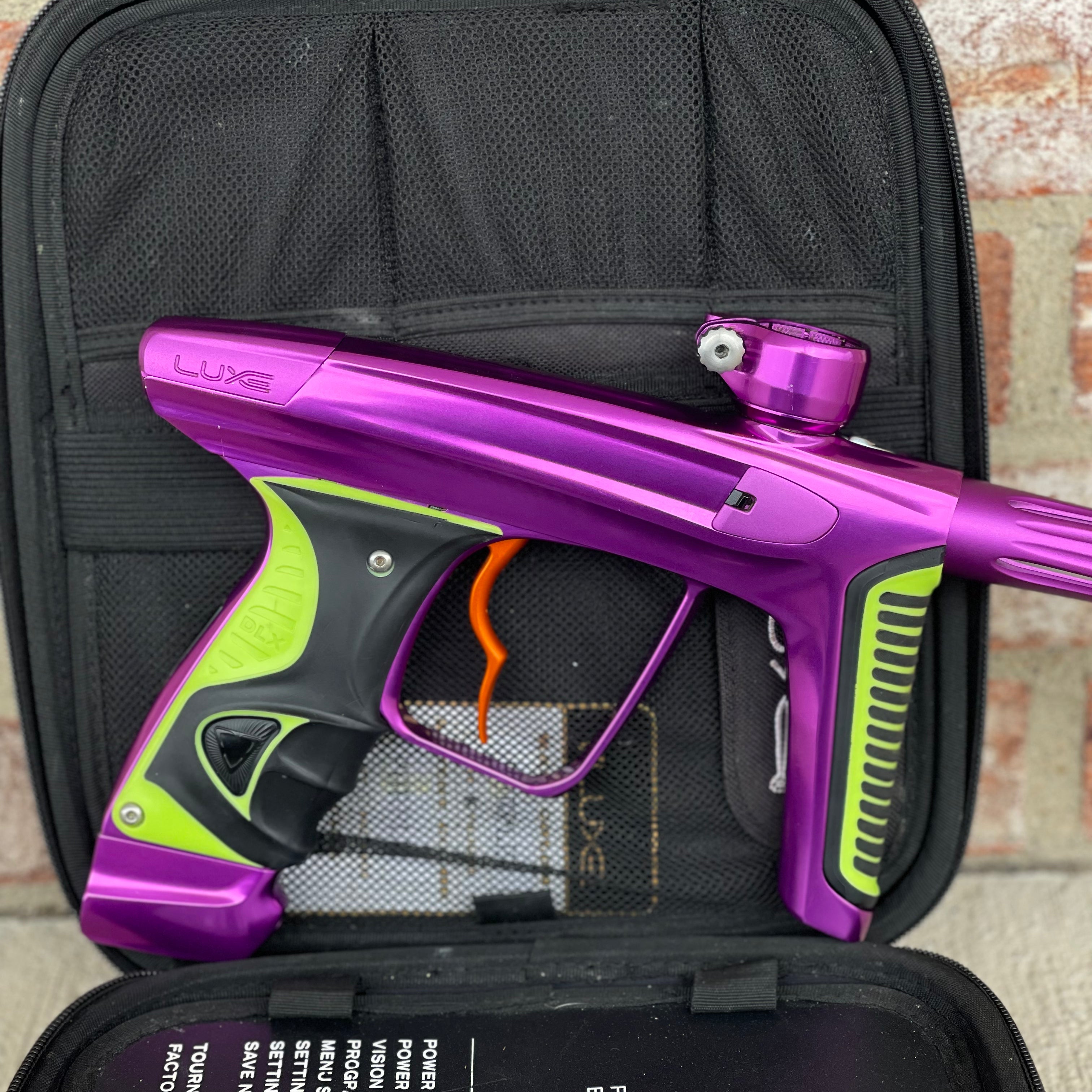Used DLX Luxe X Paintball Gun - Gloss Purple / Dust Purple w/ Orange Deuce Trigger