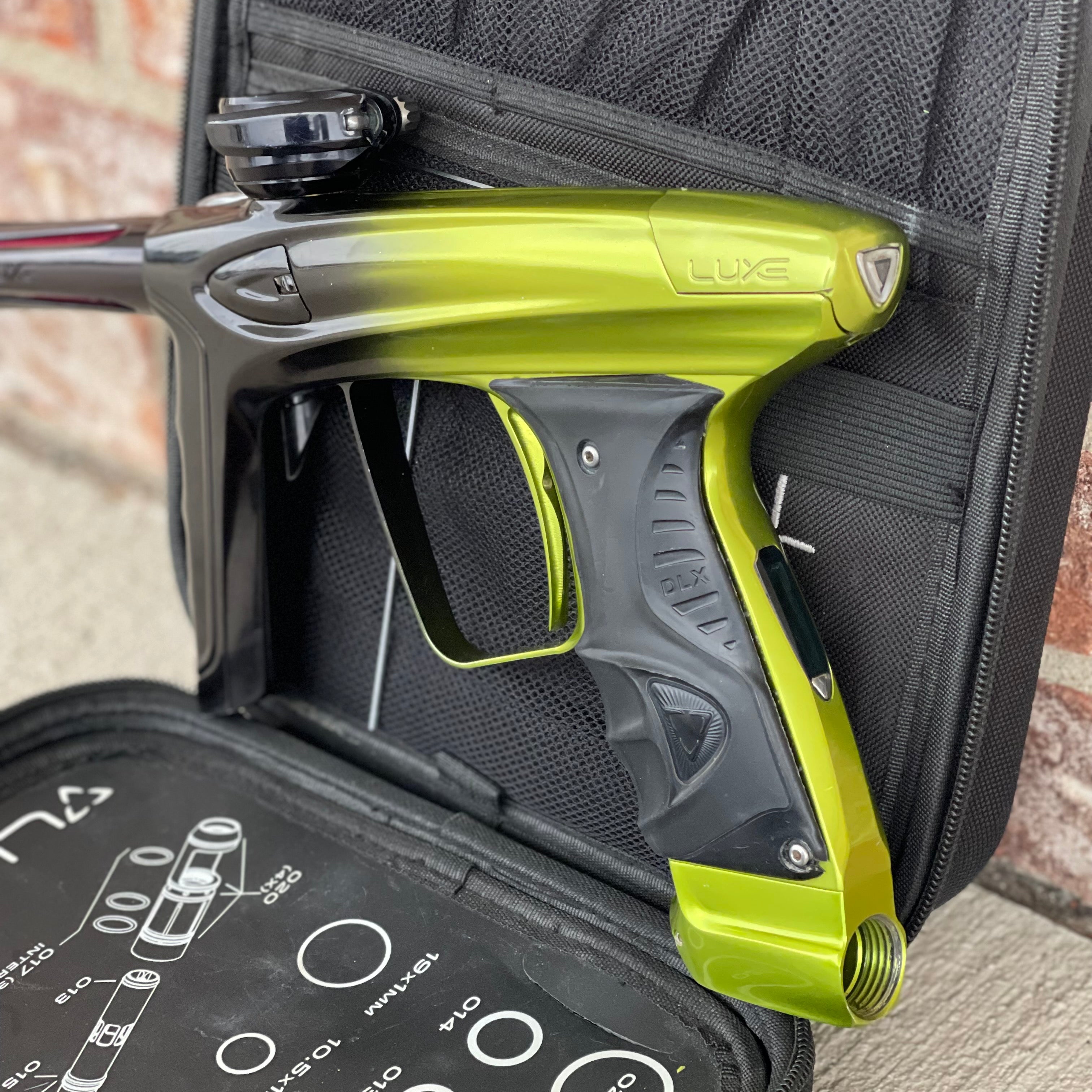 Used DLX Luxe Ice Paintball Gun - Limited Edition *1 of 10* Black/Slime Green w/ Black and Tan Back Grip
