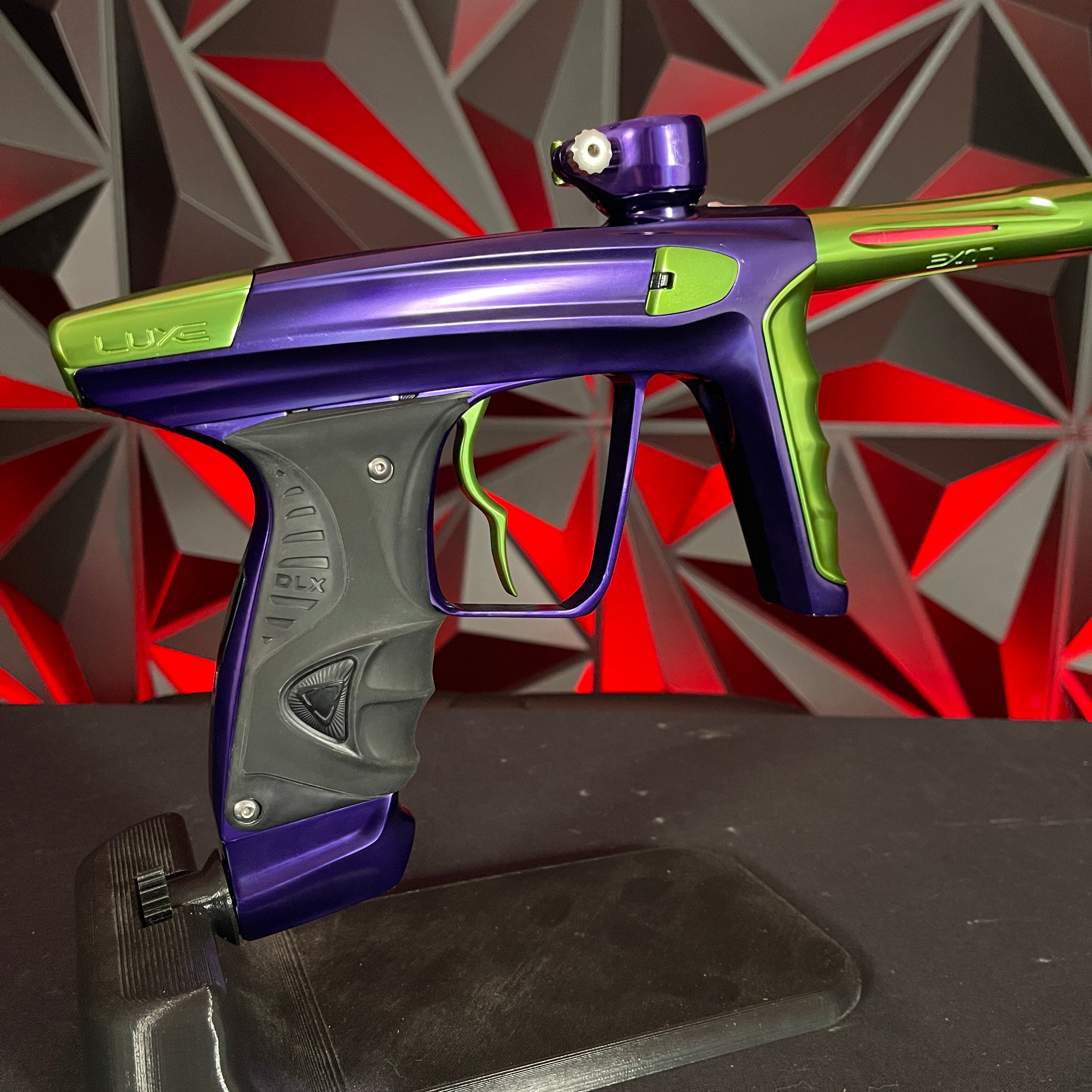 Used DLX Luxe X Paintball Gun - Gloss Purple / Gloss Lime w/ Deuce Trigger