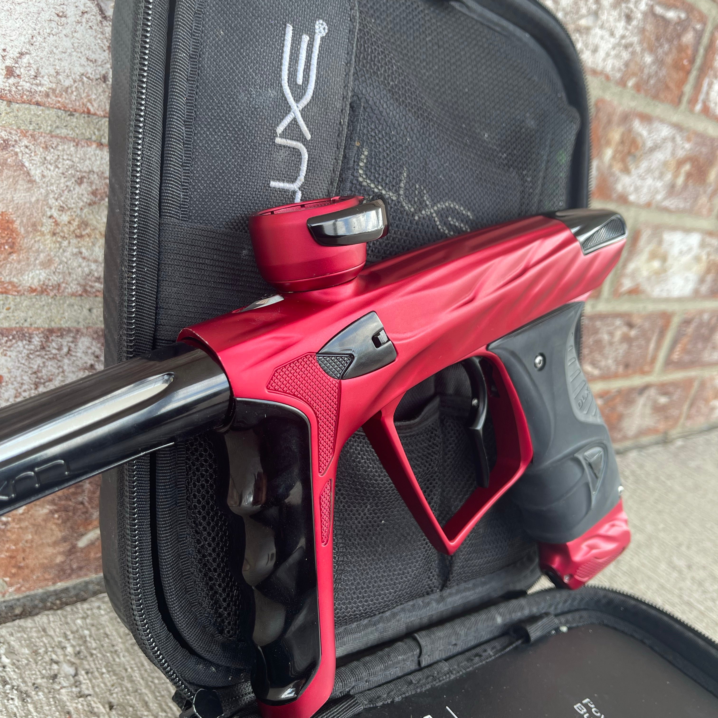 Used HK Army DLX Luxe X A51 Paintball Gun - Dust Red/Polished Black w/Infamous Deuce Trigger & Carbon IC Barrel