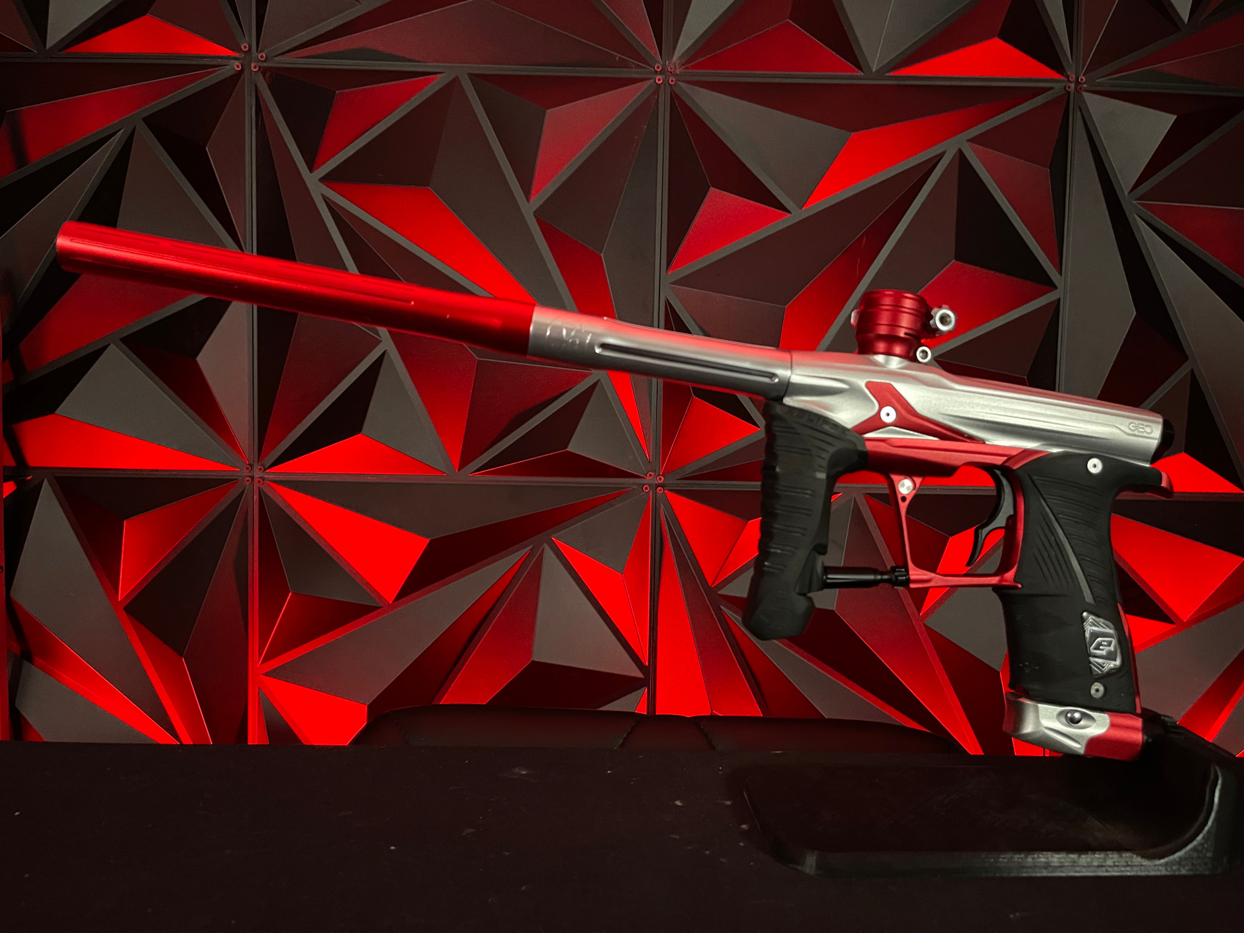 Used Planet Eclipse Geo 3.1 Paintball Gun - Silver/Red w/ Infamous FXL Barrel & Deuce Trigger