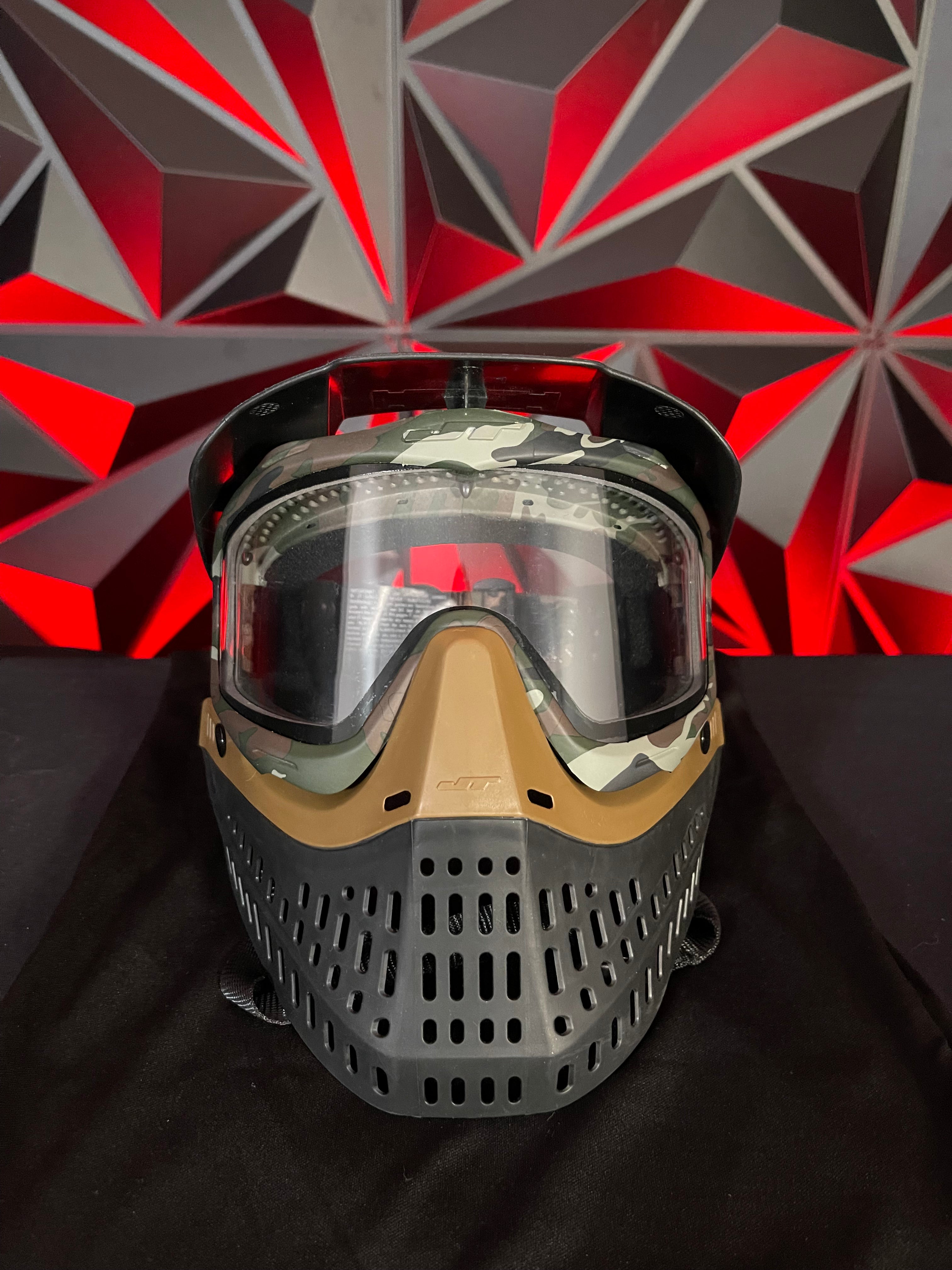 Used JT Proflex Paintball Mask - Black/Tan Camo Skirt/Army Camo Frame w/Visor & Soft Goggle Bag