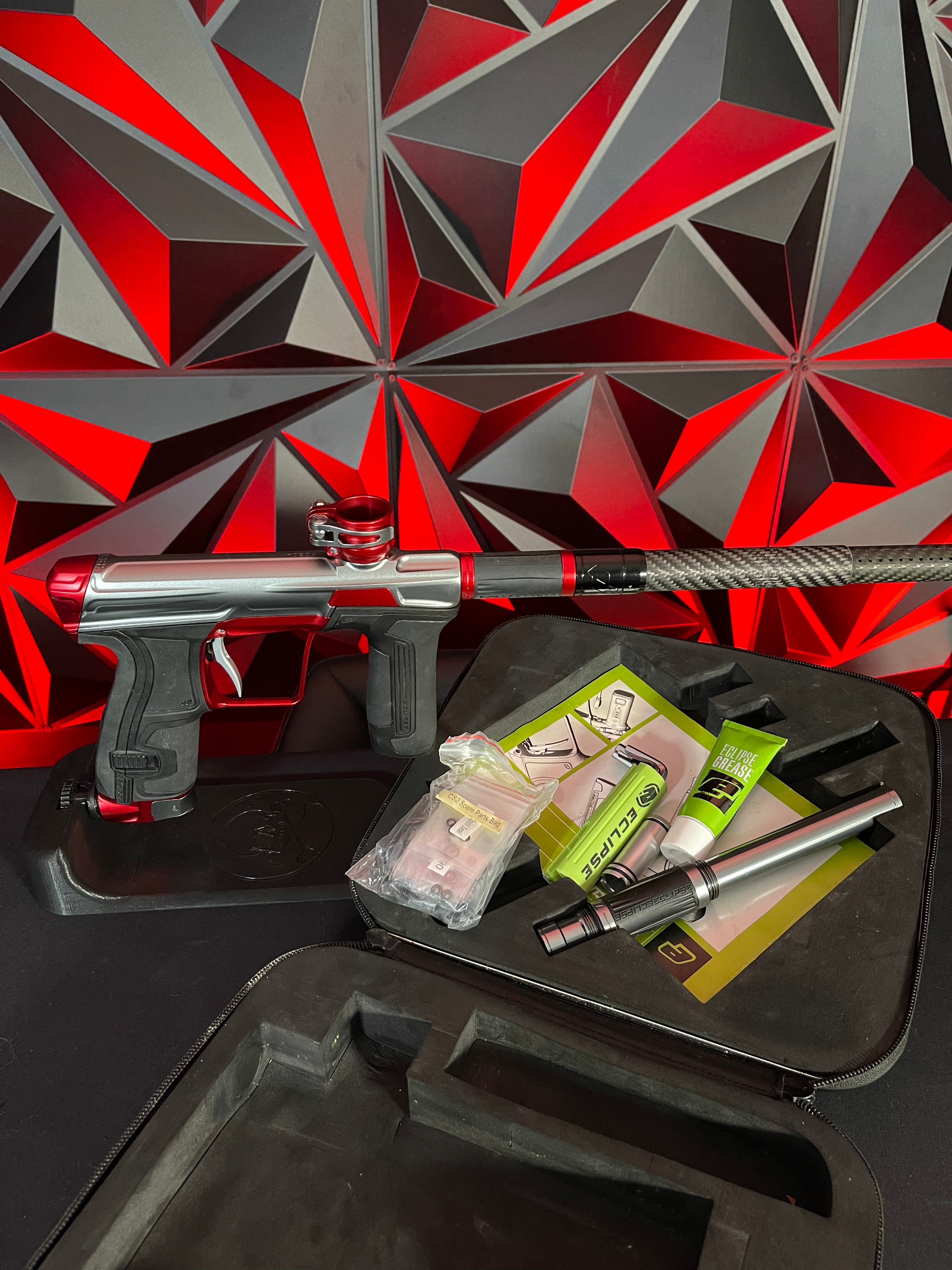 Used Planet Eclipse CS2 Paintball Marker- Grey / Red w/ 2 FL Backs