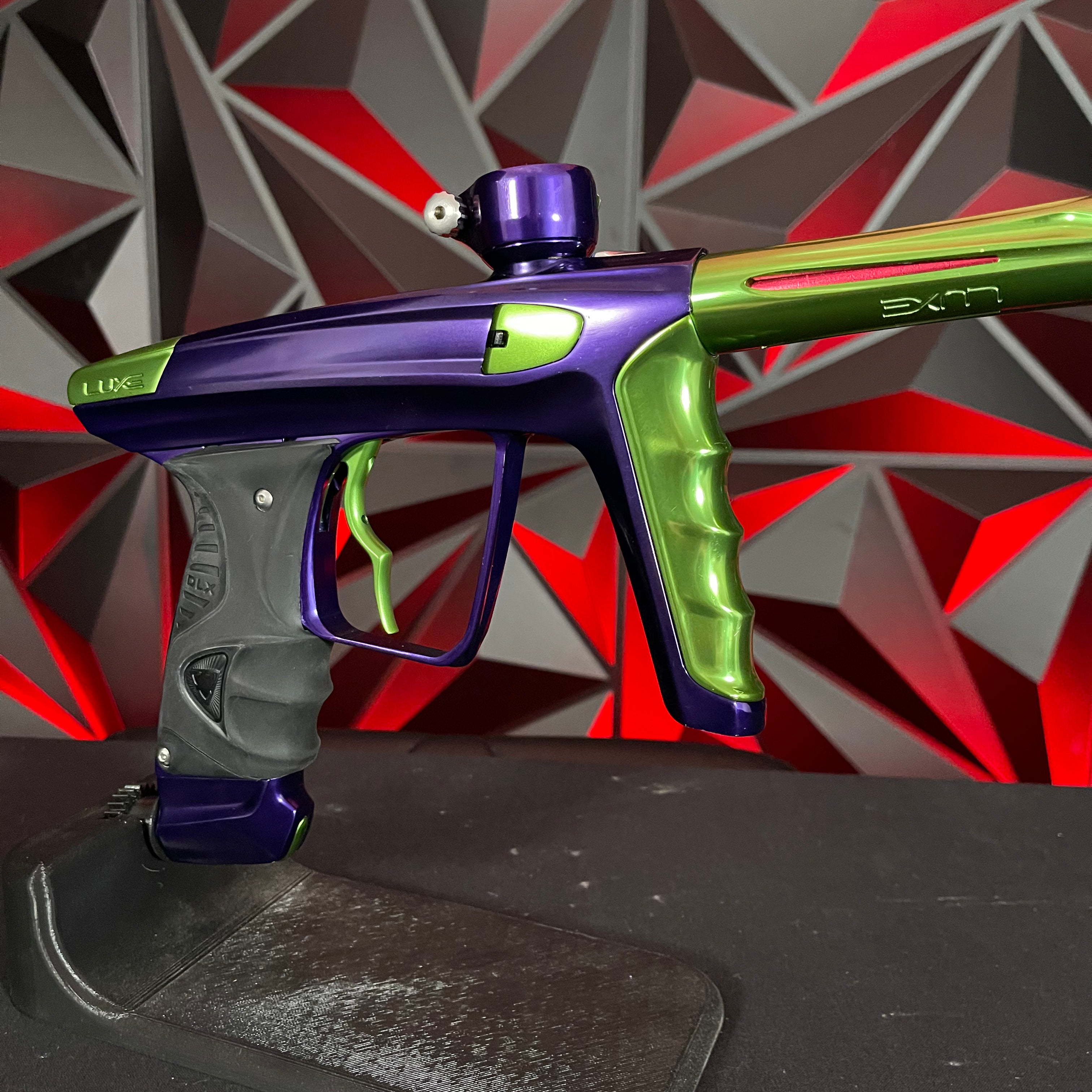 Used DLX Luxe X Paintball Gun - Gloss Purple / Gloss Lime w/ Deuce Trigger