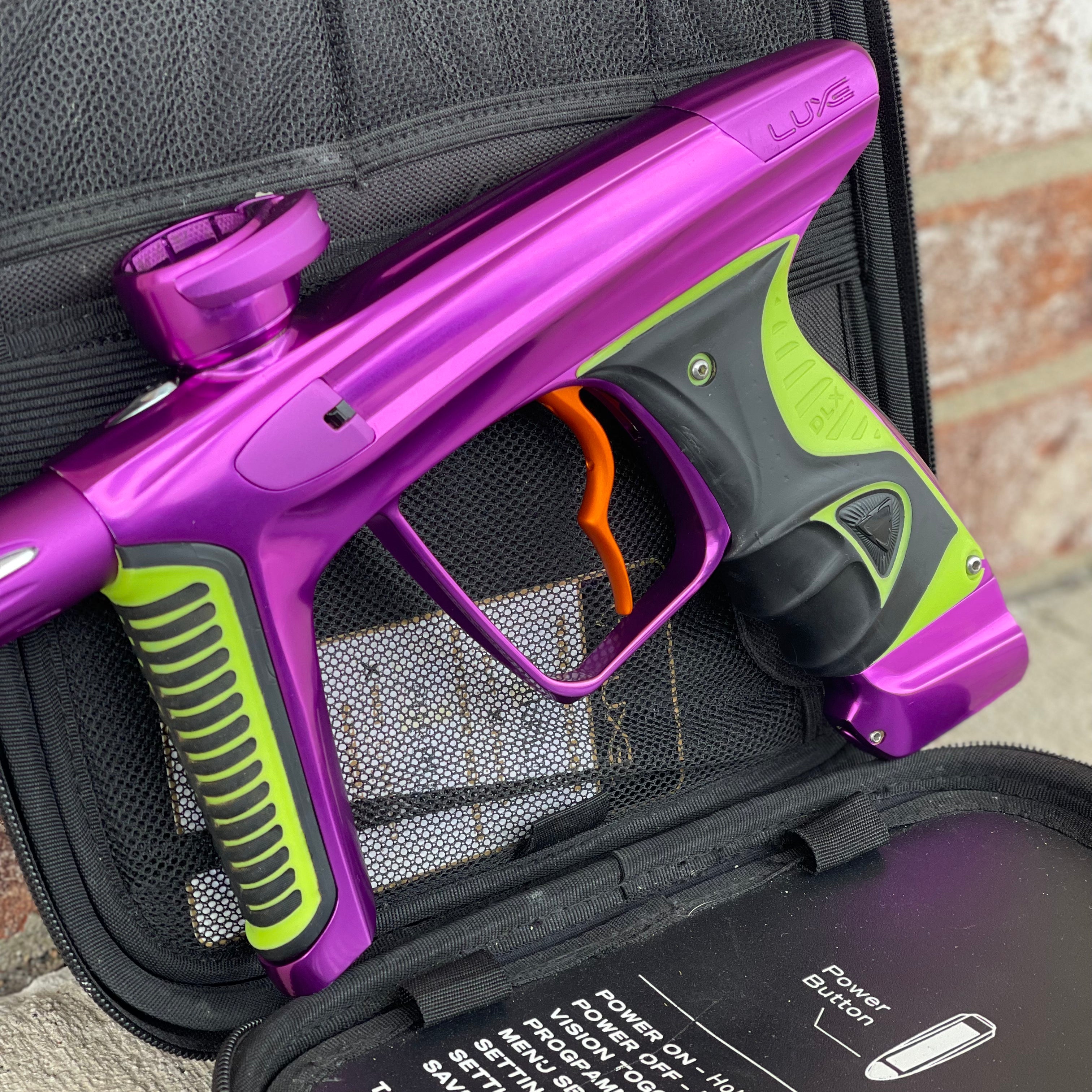 Used DLX Luxe X Paintball Gun - Gloss Purple / Dust Purple w/ Orange Deuce Trigger