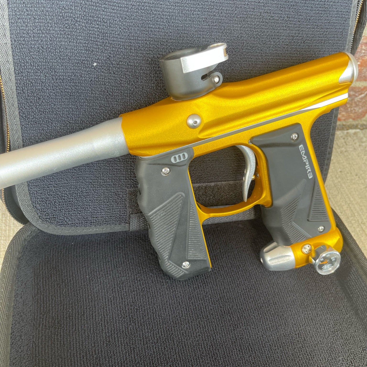 Used Empire Mini GS Paintball Gun w/ 2 Piece Barrel - Dust Gold / Silver w/ HK Army Exo 2.0 Marker Case