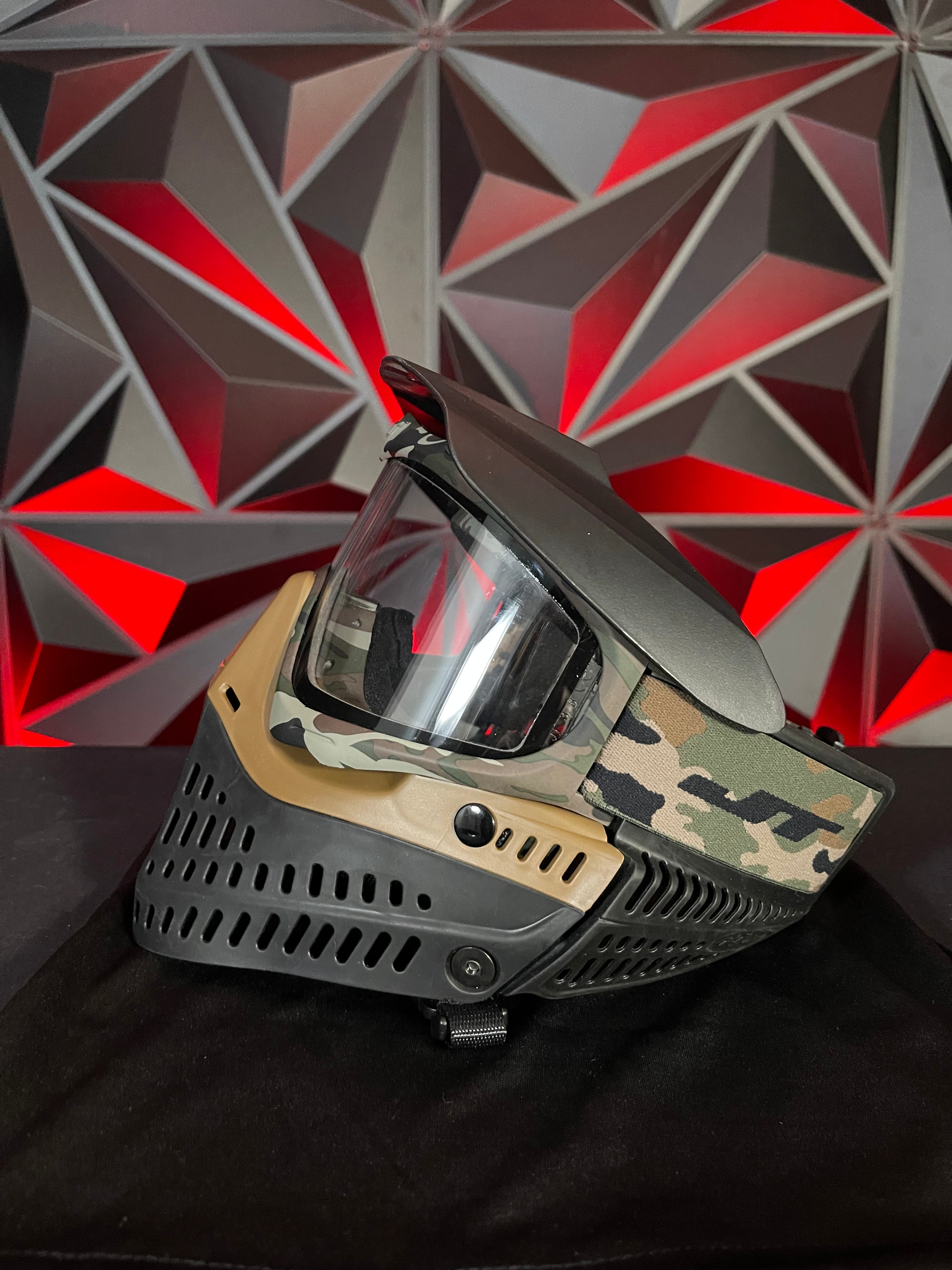 Used JT Proflex Paintball Mask - Black/Tan Camo Skirt/Army Camo Frame w/Visor & Soft Goggle Bag