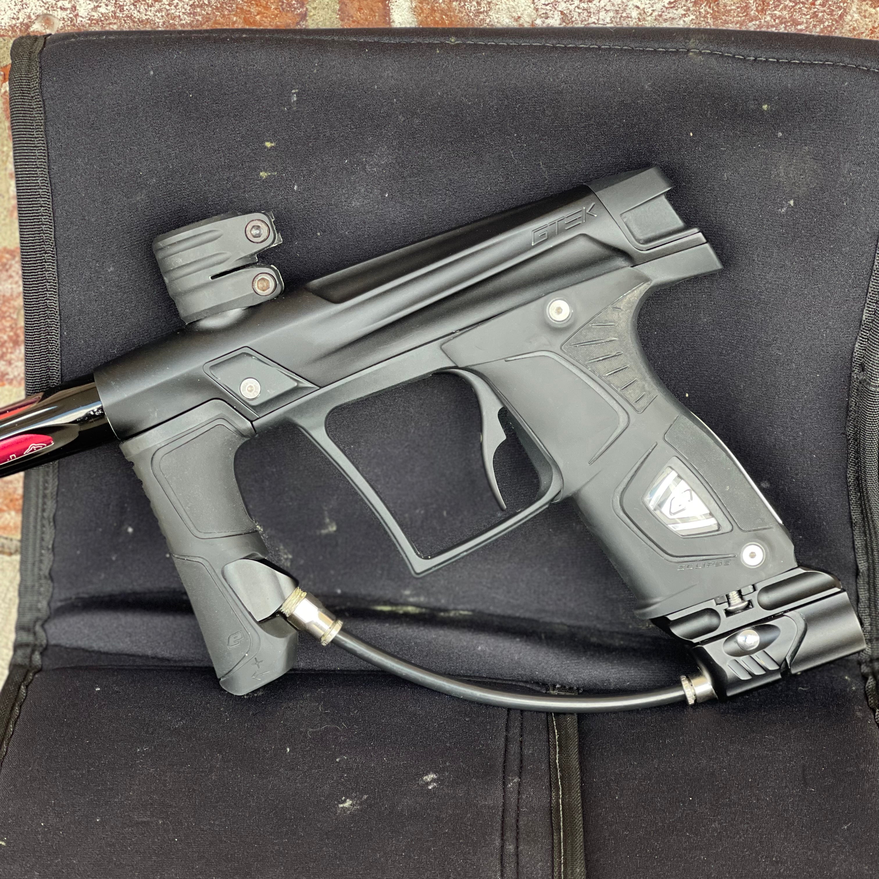 Used Planet Eclipse Gtek OLED Paintball Marker- Black with Gmek Frame, Deadlywinds 14" Carbon Fiber Tip, POPS ASA w/Dropdown Rail