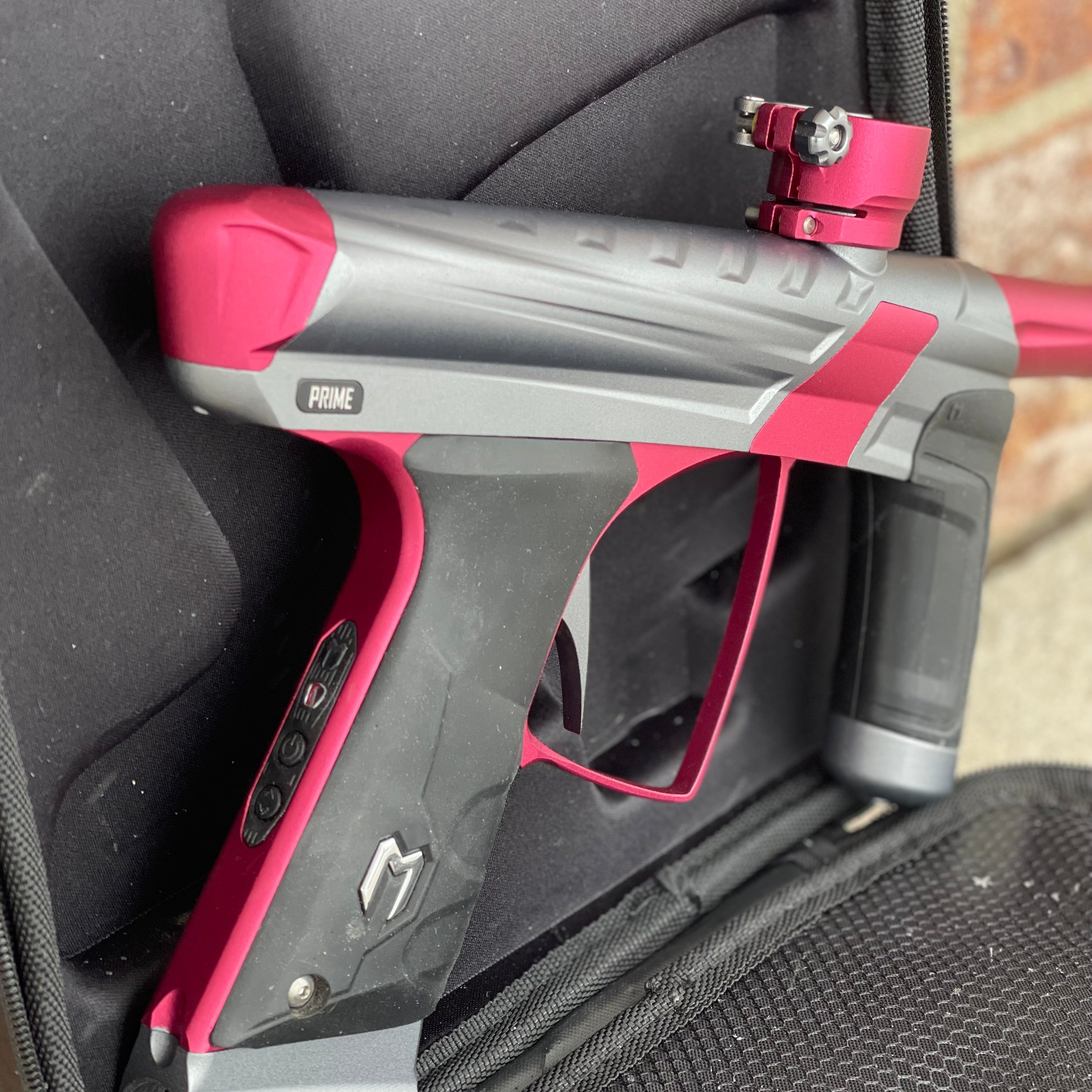 Used MacDev Prime XTS Paintball Gun - Dust Grey / Dust Red w/ additional Stock Deuce Trigger