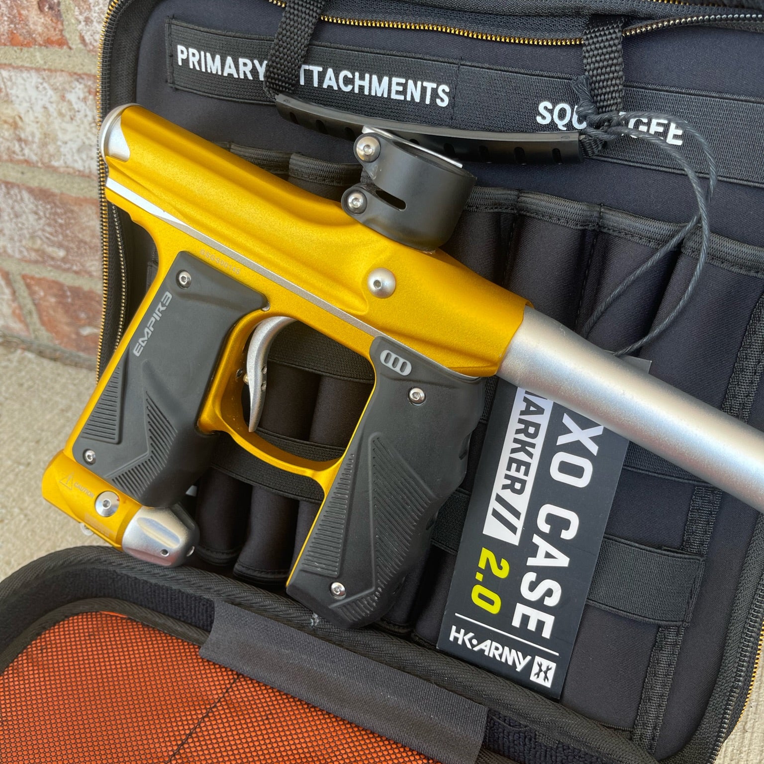 Used Empire Mini GS Paintball Gun w/ 2 Piece Barrel - Dust Gold / Silver w/ HK Army Exo 2.0 Marker Case
