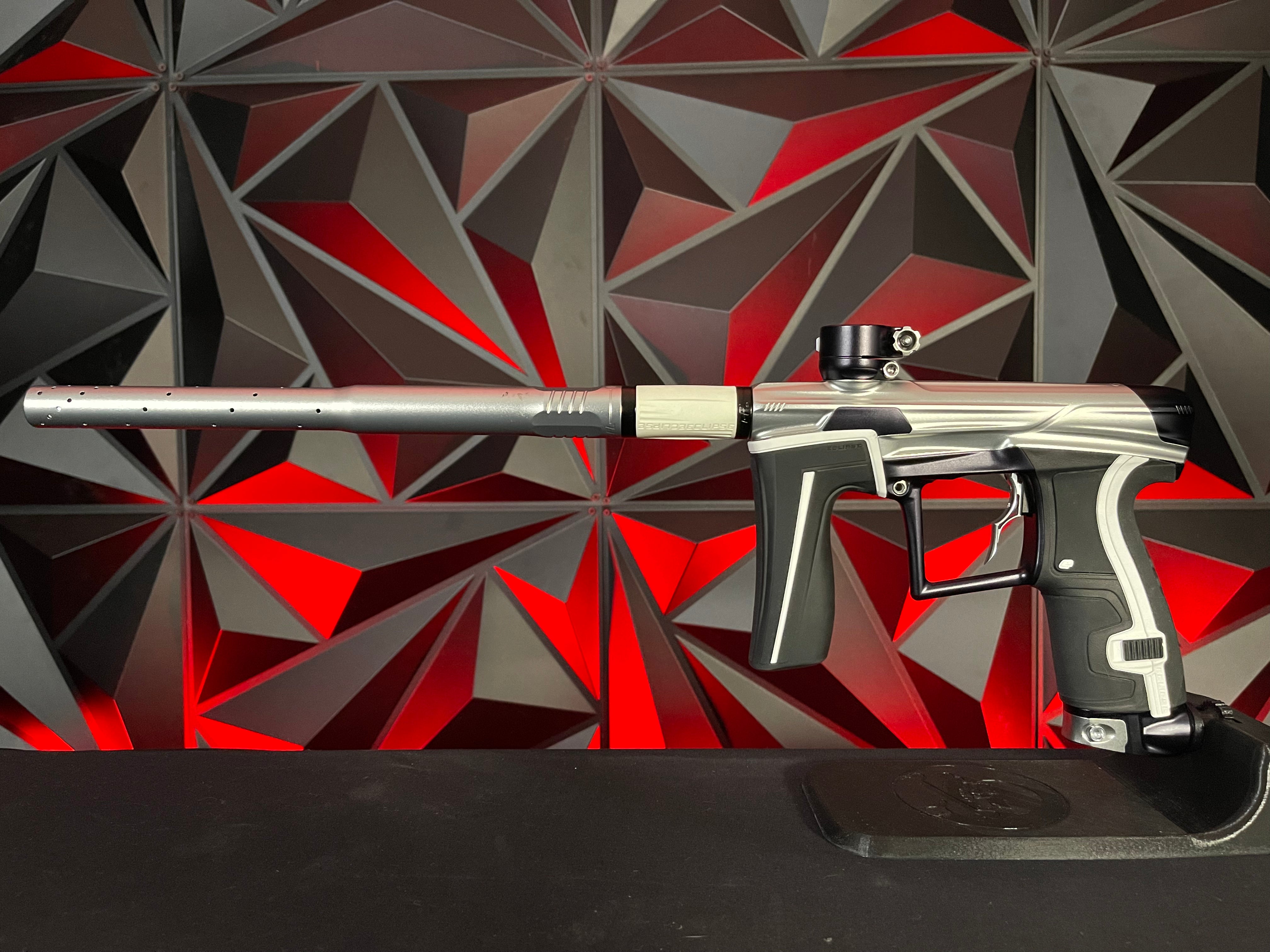 Used Planet Eclipse Geo 4 Paintball Gun - Silver/Black w/ 3 FL Inserts and Infamous Deuce Trigger