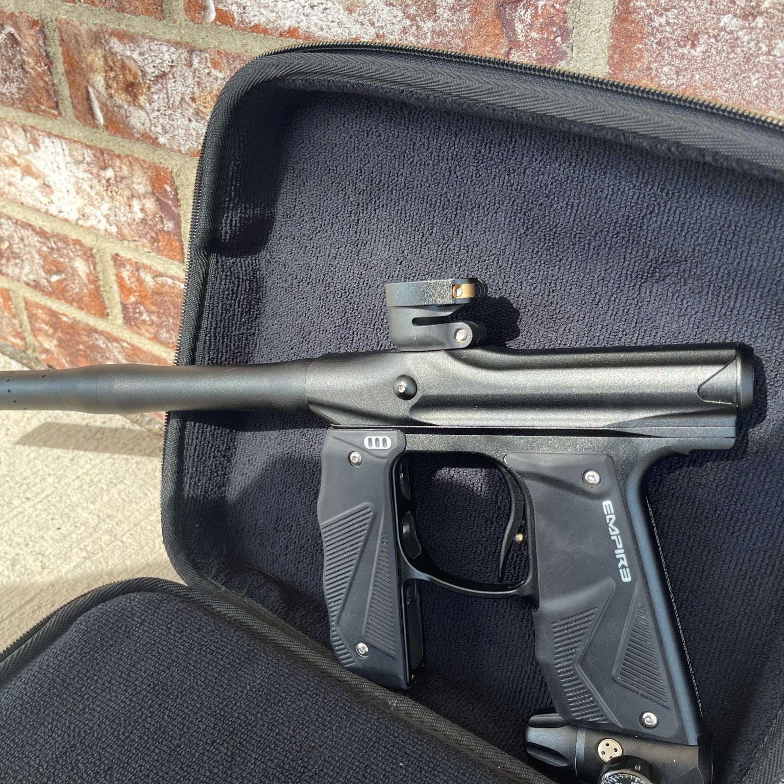 Used Empire Mini GS Paintball Gun - Black w/ 2 Piece Barrel & HK Army Exo 2.0 Marker Case