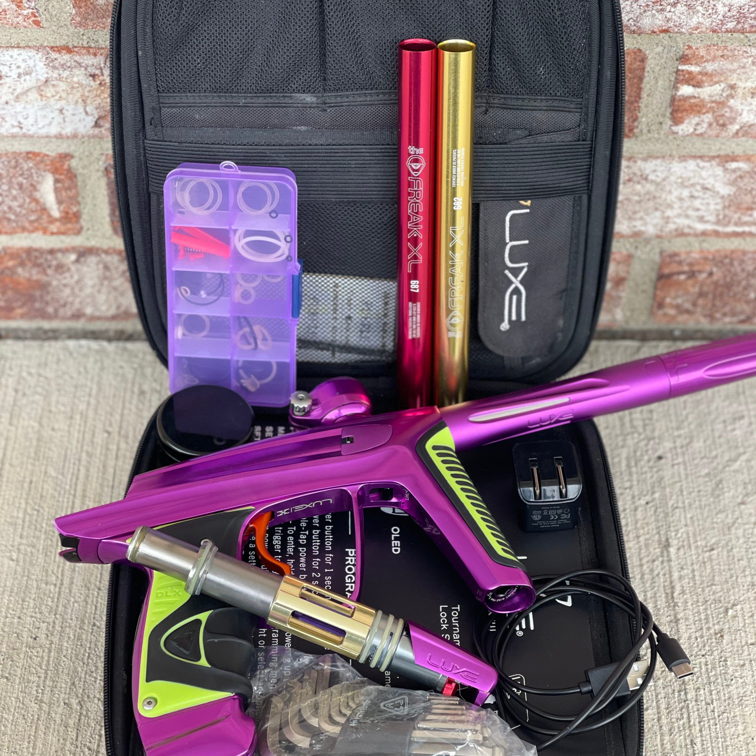 Used DLX Luxe X Paintball Gun - Gloss Purple / Dust Purple w/ Orange Deuce Trigger