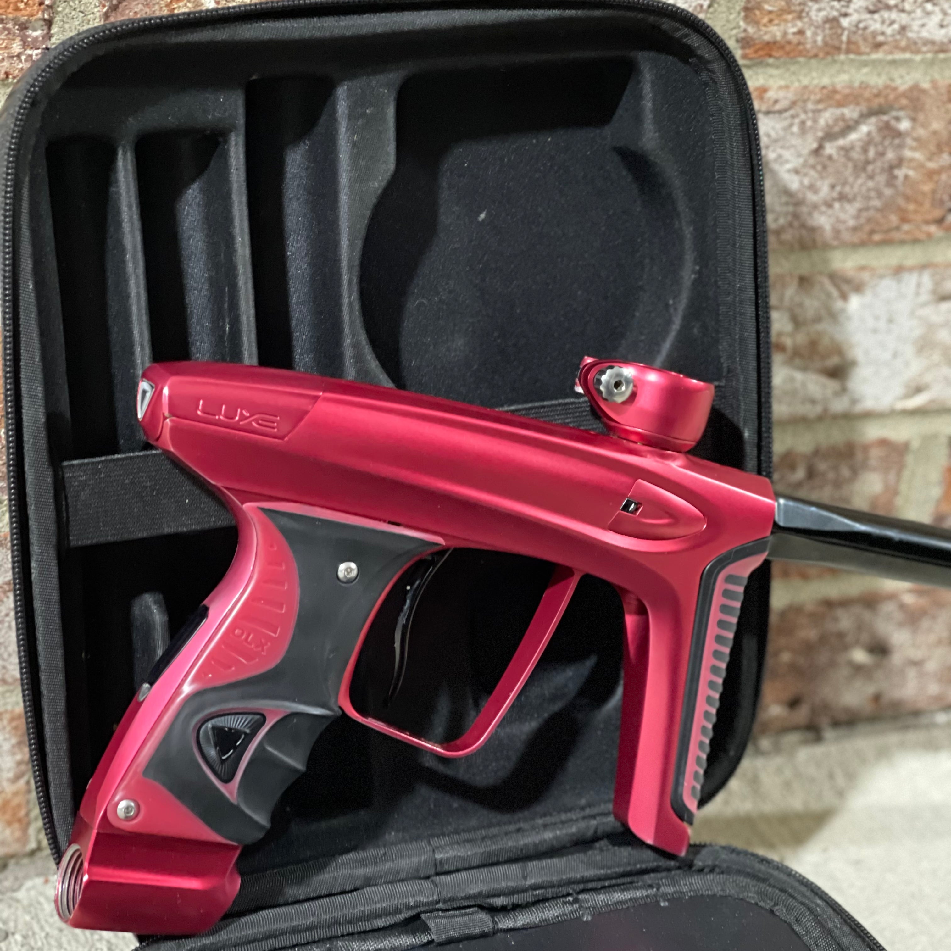 Used DLX Luxe Ice Paintball Gun - Dust Red / Dust Red w/ Inception Barrel, Encore Bolt/Stock Bolt, Scythe Trigger and Stock Trigger, Large Spare Part Kits