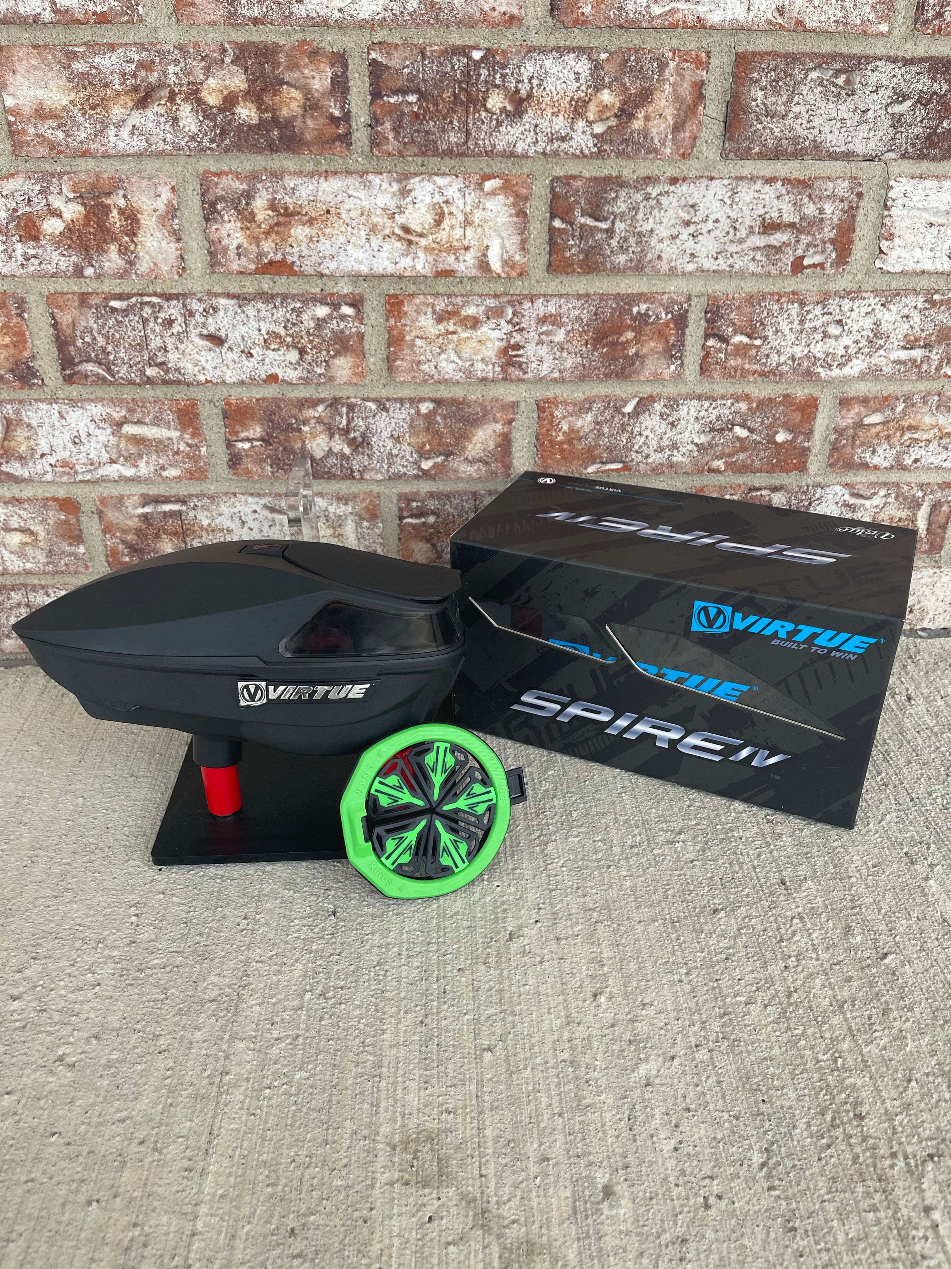 Used Virtue Spire 4 Paintball Loader - Black w/ NTR Speedfeed and Rain Lid