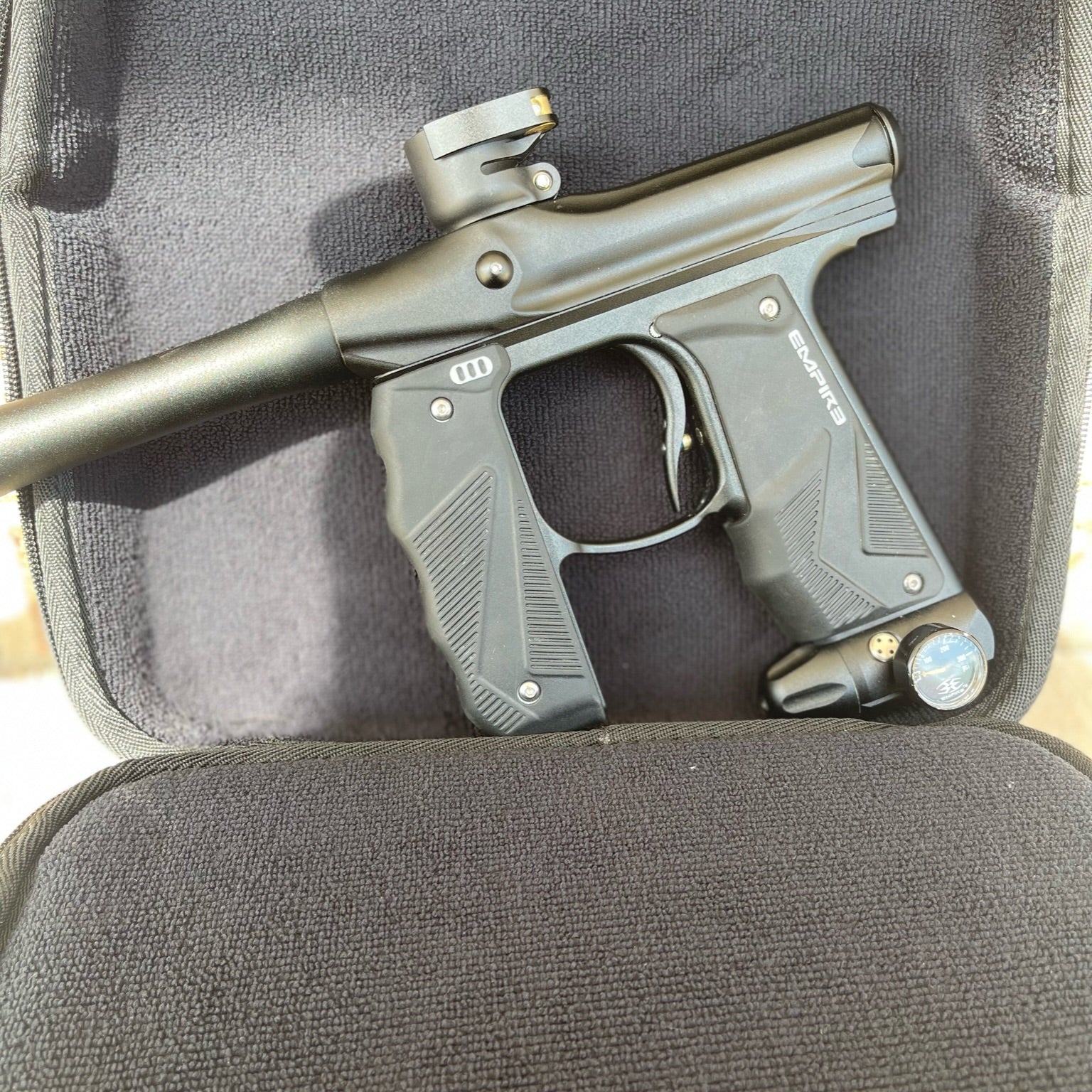 Used Empire Mini GS Paintball Gun - Black w/ 2 Piece Barrel & HK Army Exo 2.0 Marker Case