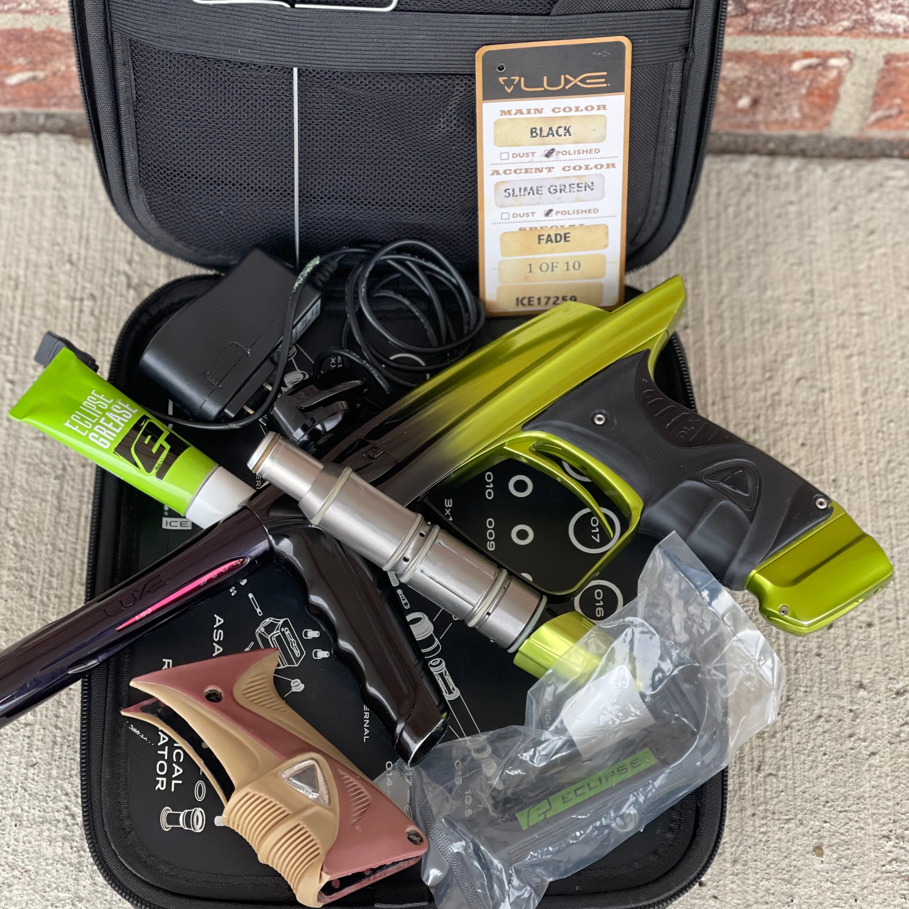 Used DLX Luxe Ice Paintball Gun - Limited Edition *1 of 10* Black/Slime Green w/ Black and Tan Back Grip
