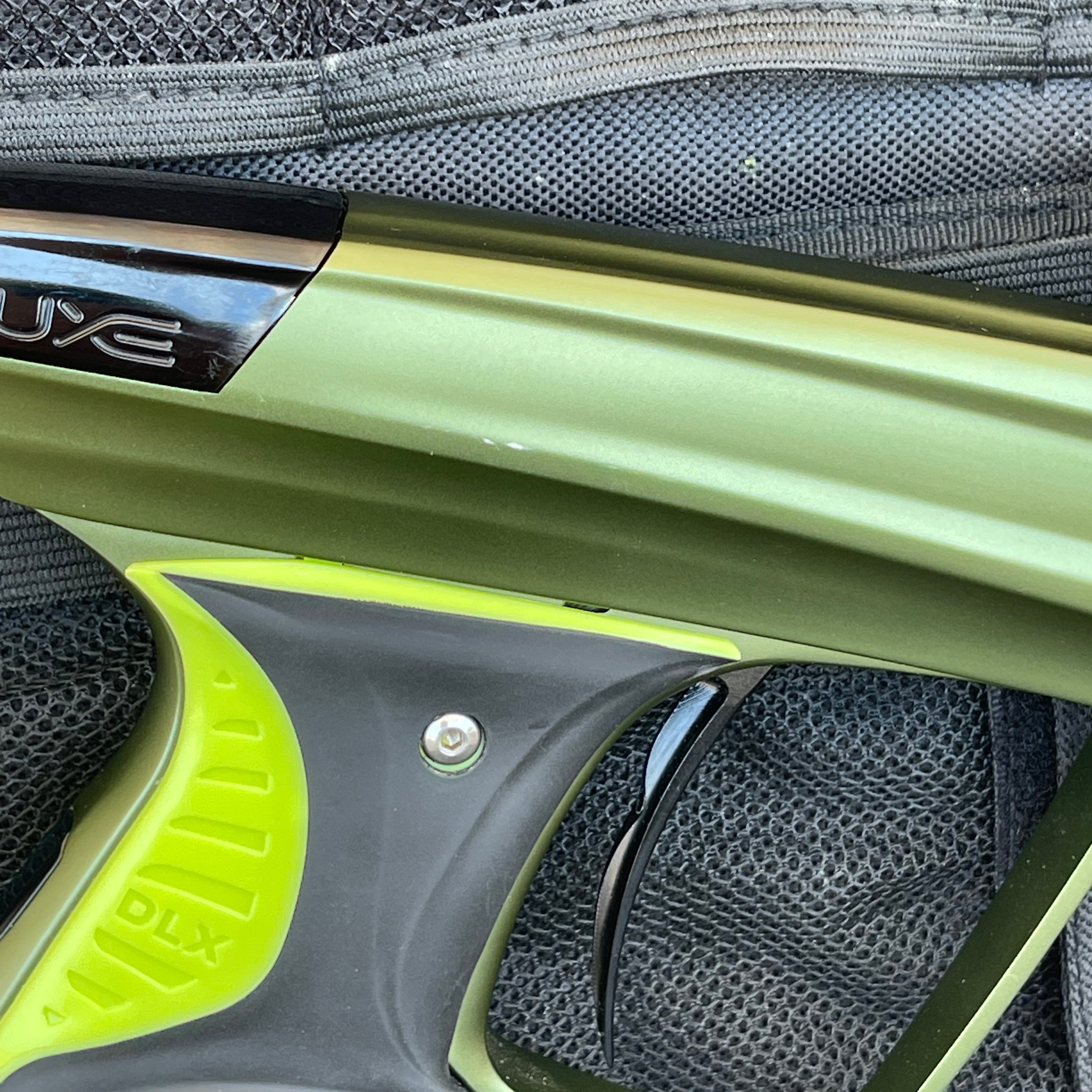 Used DLX Luxe X Paintball Gun - Dust Olive/Polished Black w/ Green Grip Kit