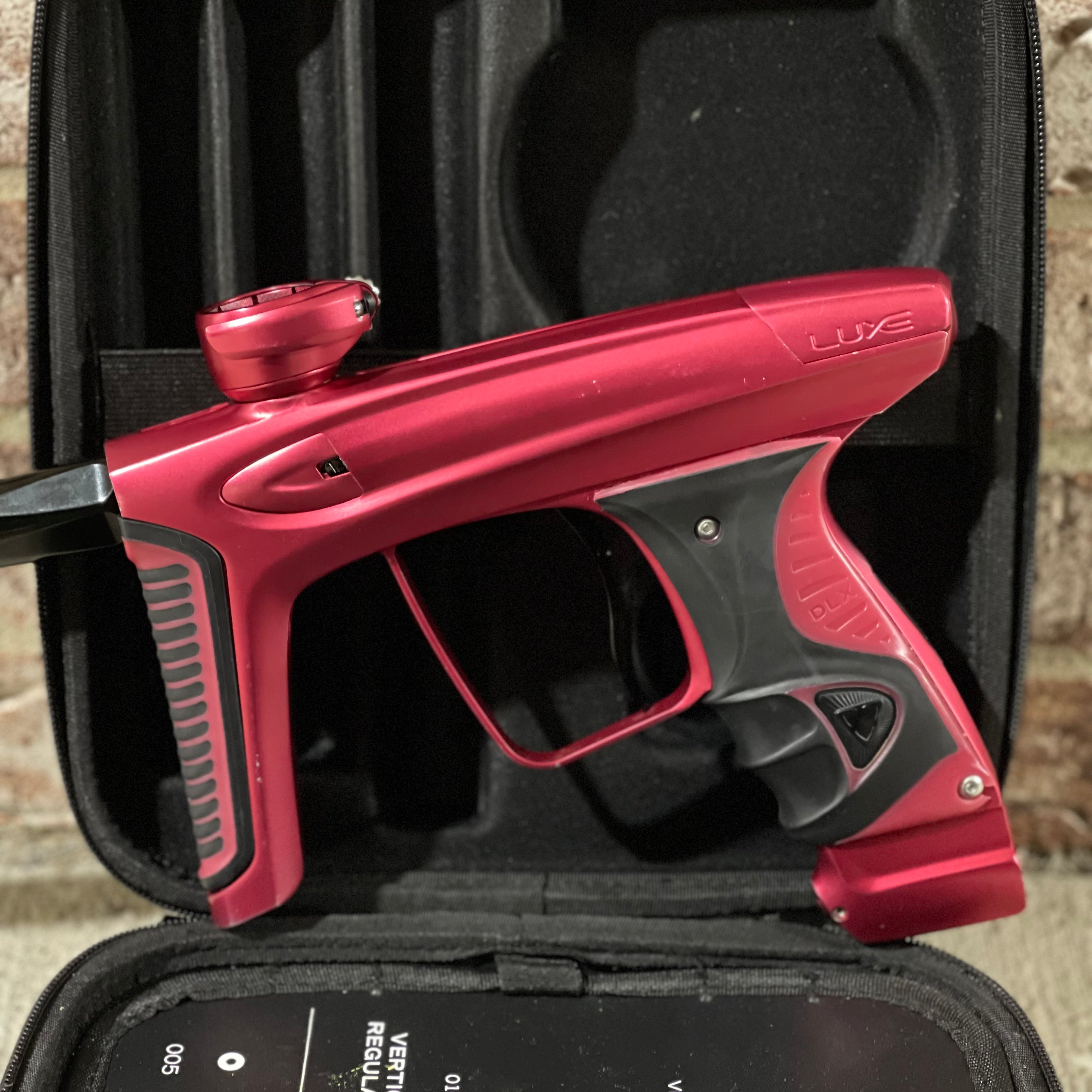 Used DLX Luxe Ice Paintball Gun - Dust Red / Dust Red w/ Inception Barrel, Encore Bolt/Stock Bolt, Scythe Trigger and Stock Trigger, Large Spare Part Kits