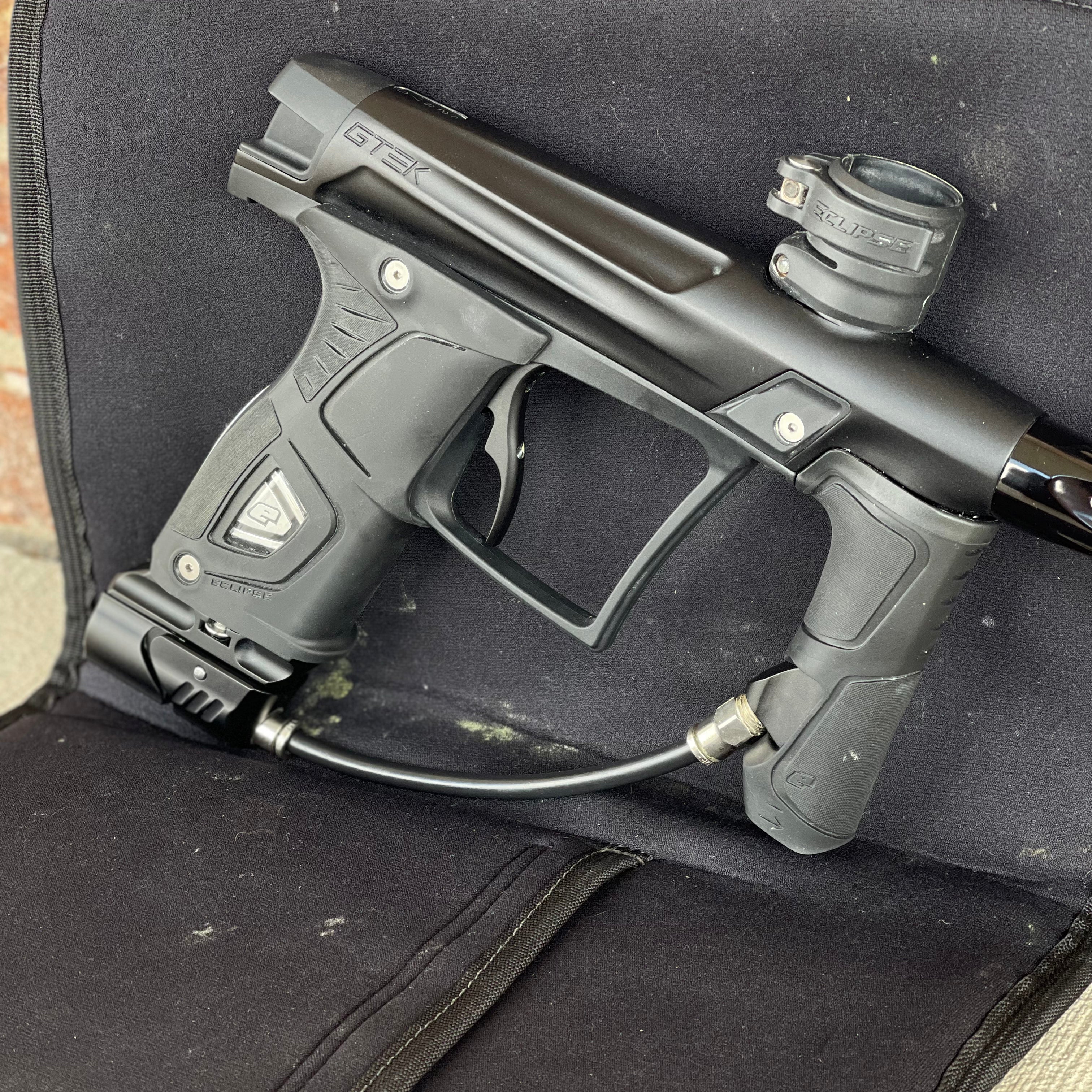 Used Planet Eclipse Gtek OLED Paintball Marker- Black with Gmek Frame, Deadlywinds 14" Carbon Fiber Tip, POPS ASA w/Dropdown Rail