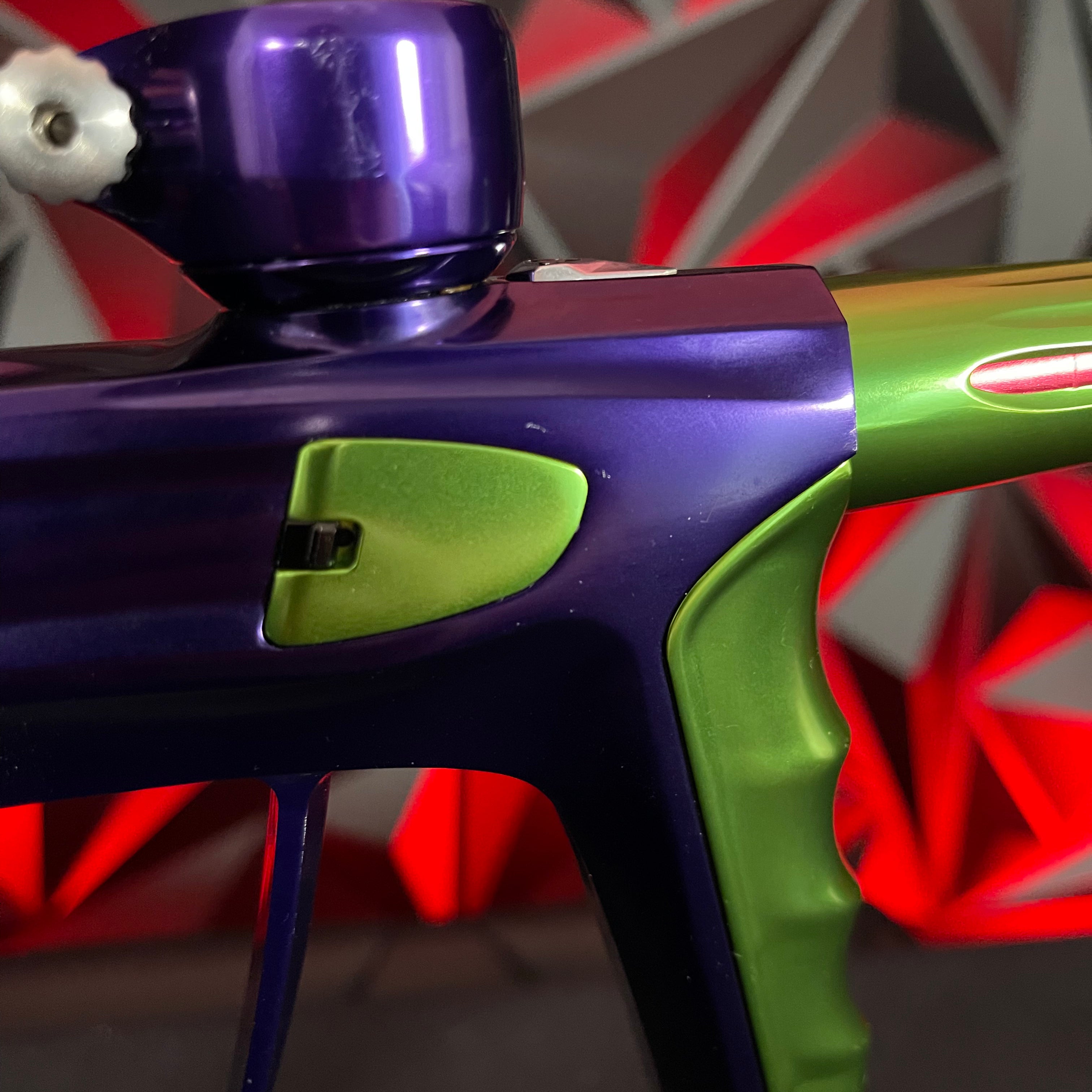 Used DLX Luxe X Paintball Gun - Gloss Purple / Gloss Lime w/ Deuce Trigger