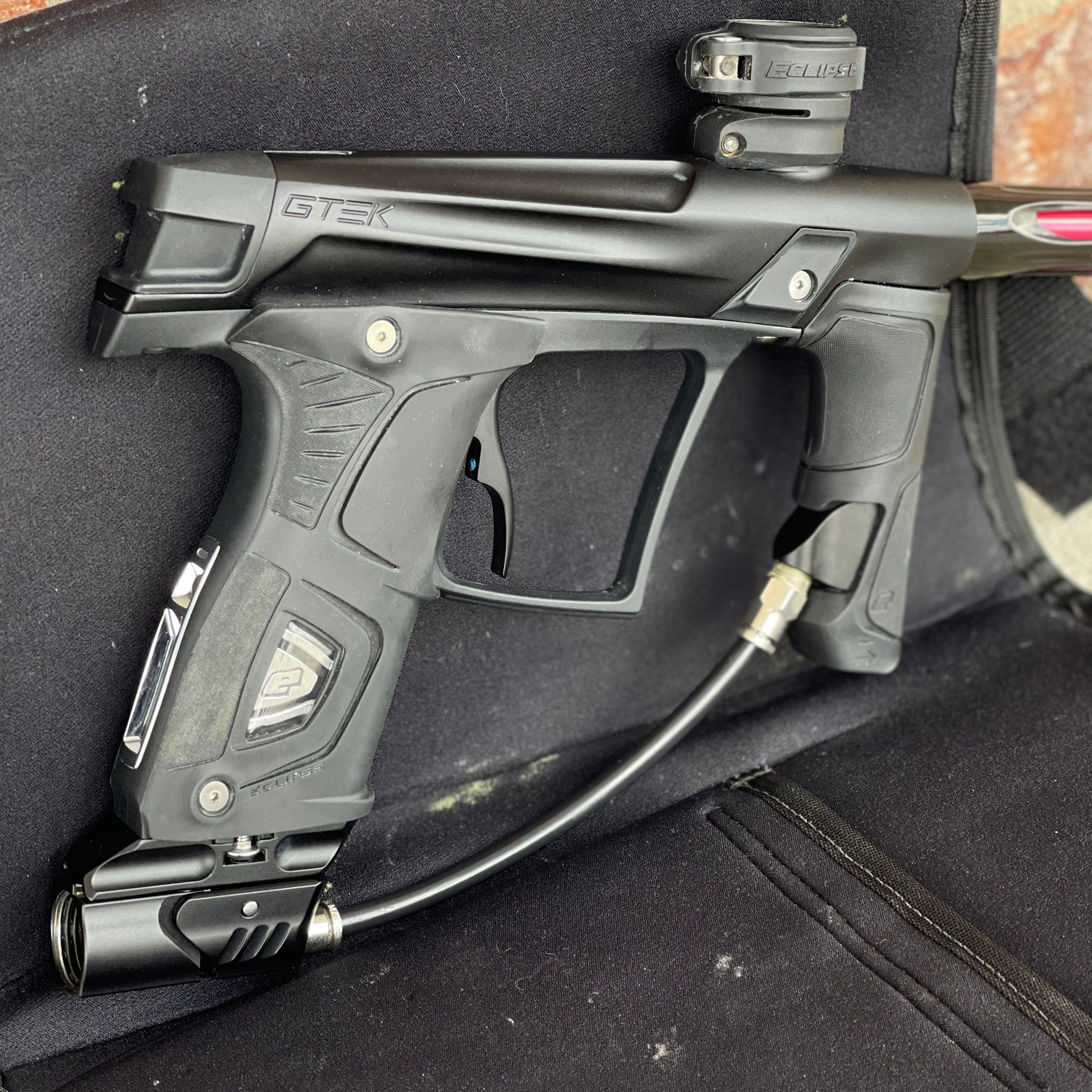Used Planet Eclipse Gtek OLED Paintball Marker- Black with Gmek Frame, Deadlywinds 14" Carbon Fiber Tip, POPS ASA w/Dropdown Rail