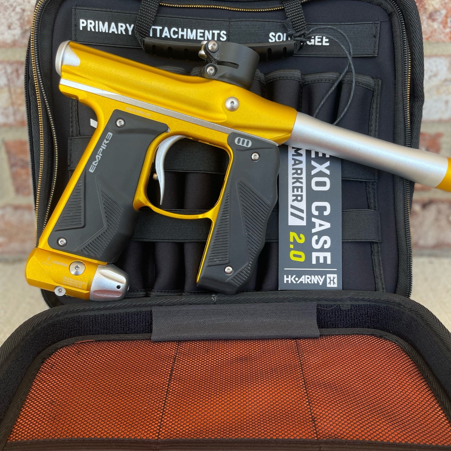 Used Empire Mini GS Paintball Gun w/ 2 Piece Barrel - Dust Gold / Silver w/ HK Army Exo 2.0 Marker Case