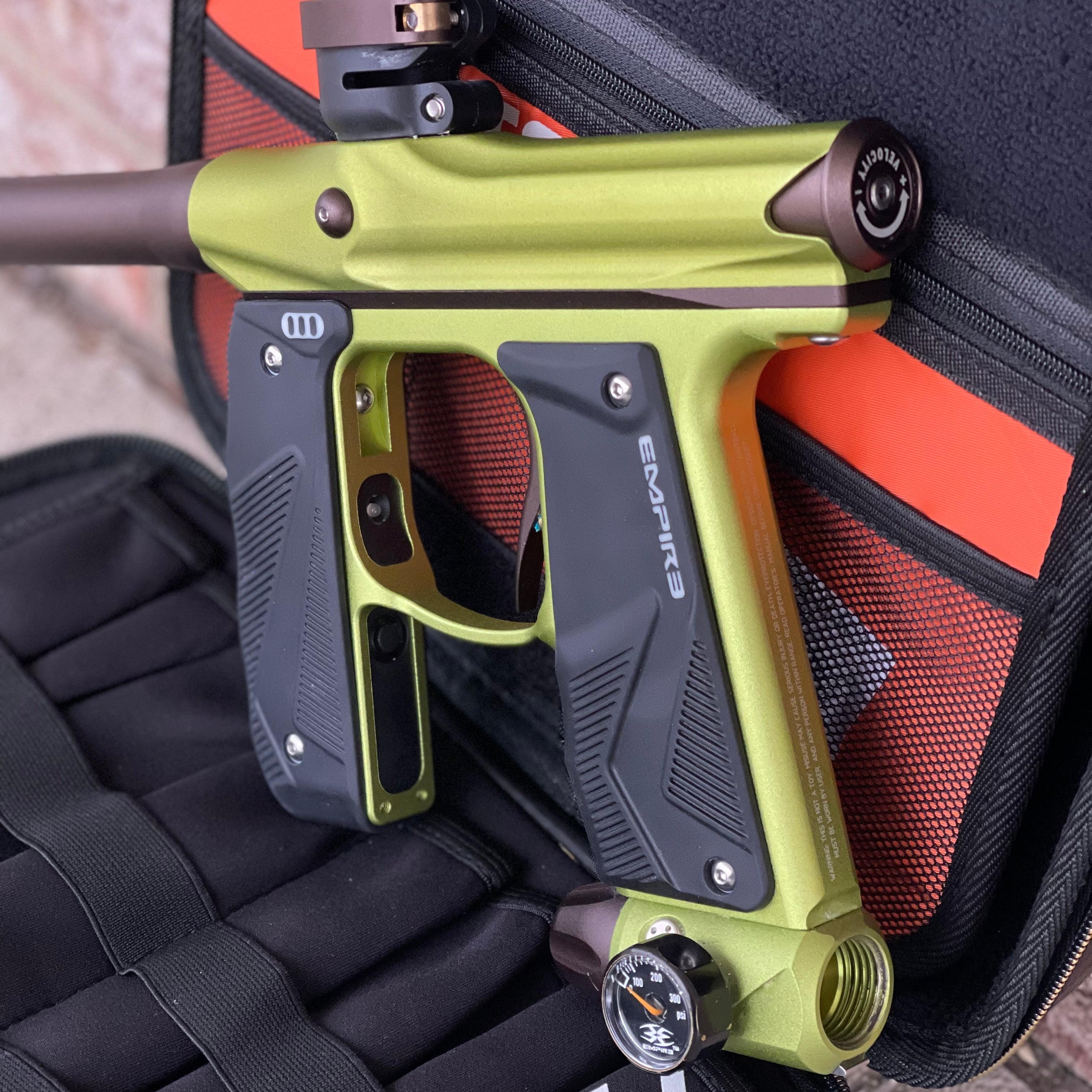 Used Empire Mini GS Paintball Gun - Green / Brown w/ 2-Piece Barrel and HK Exo Case