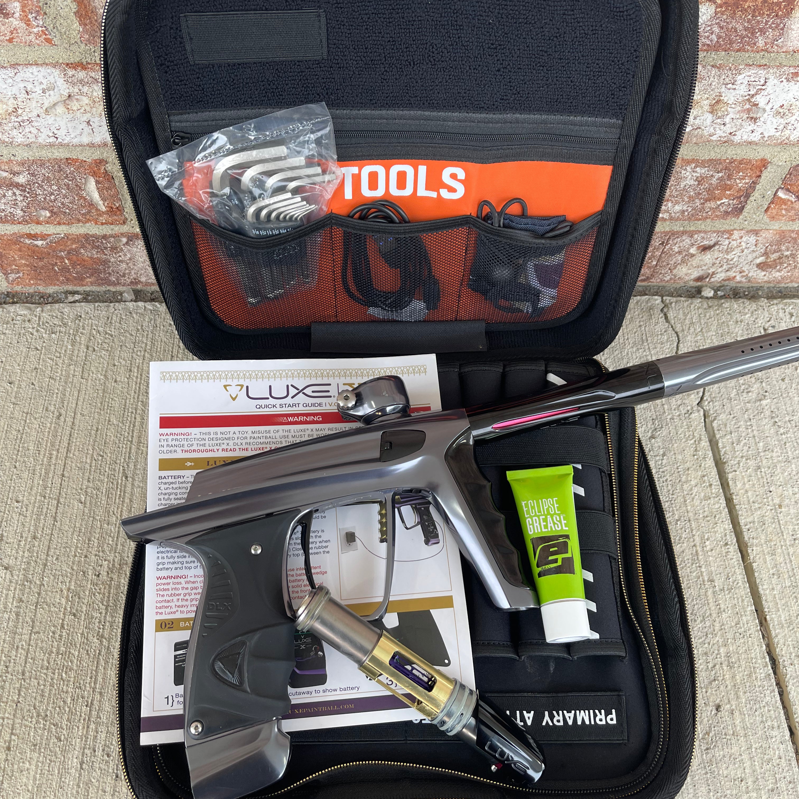 Used DLX Luxe X Paintball Gun - Dust Pewter/Polished Black w/ HK Army Exo 2.0 Case