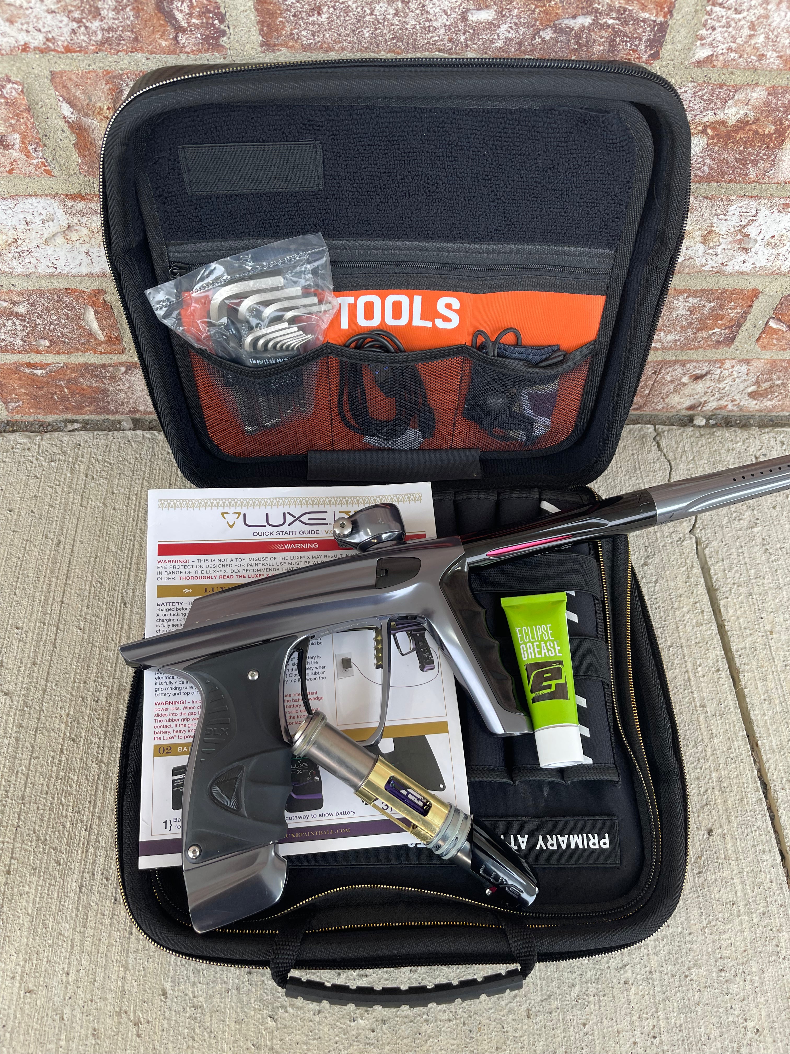 Used DLX Luxe X Paintball Gun - Dust Pewter/Polished Black w/ HK Army Exo 2.0 Case