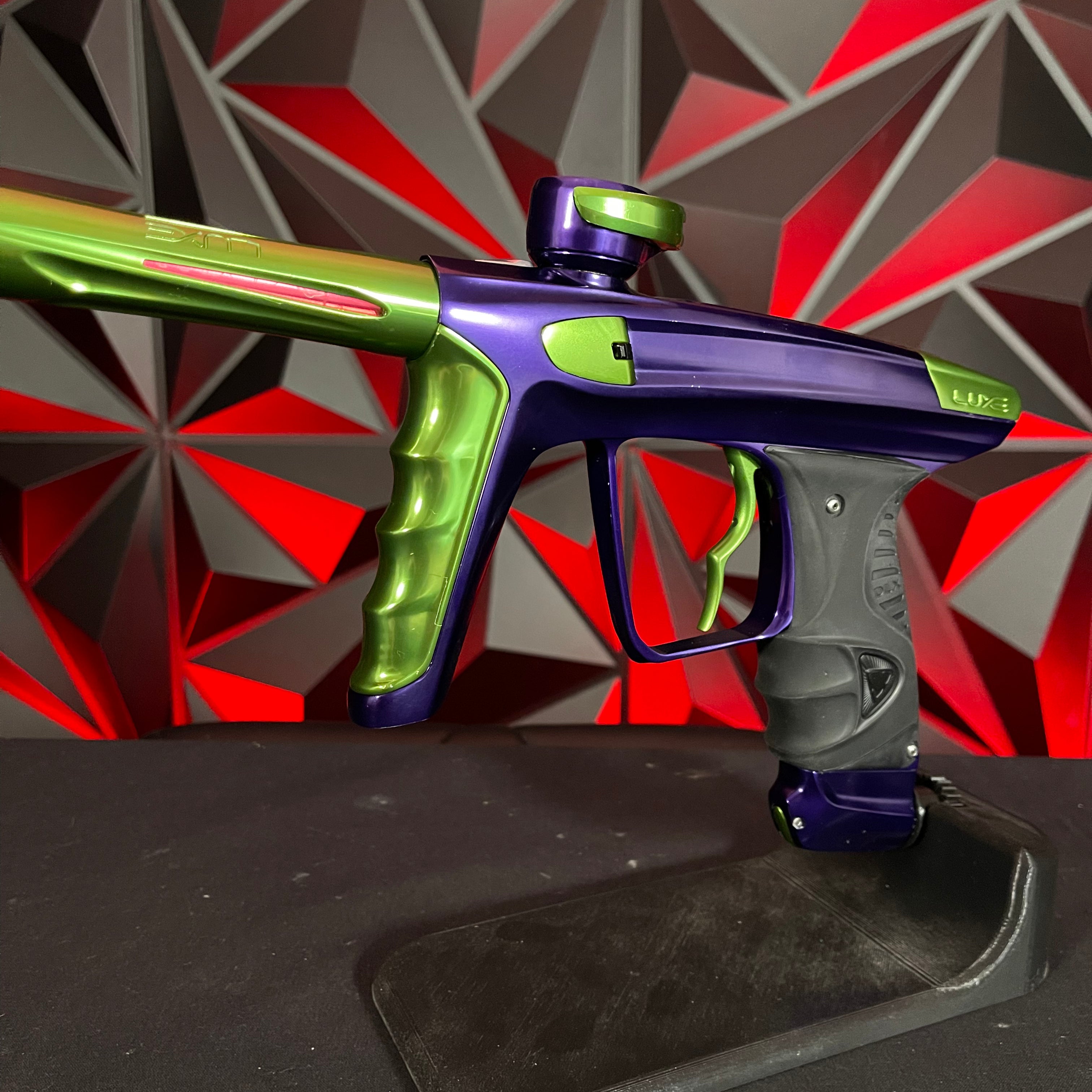 Used DLX Luxe X Paintball Gun - Gloss Purple / Gloss Lime w/ Deuce Trigger