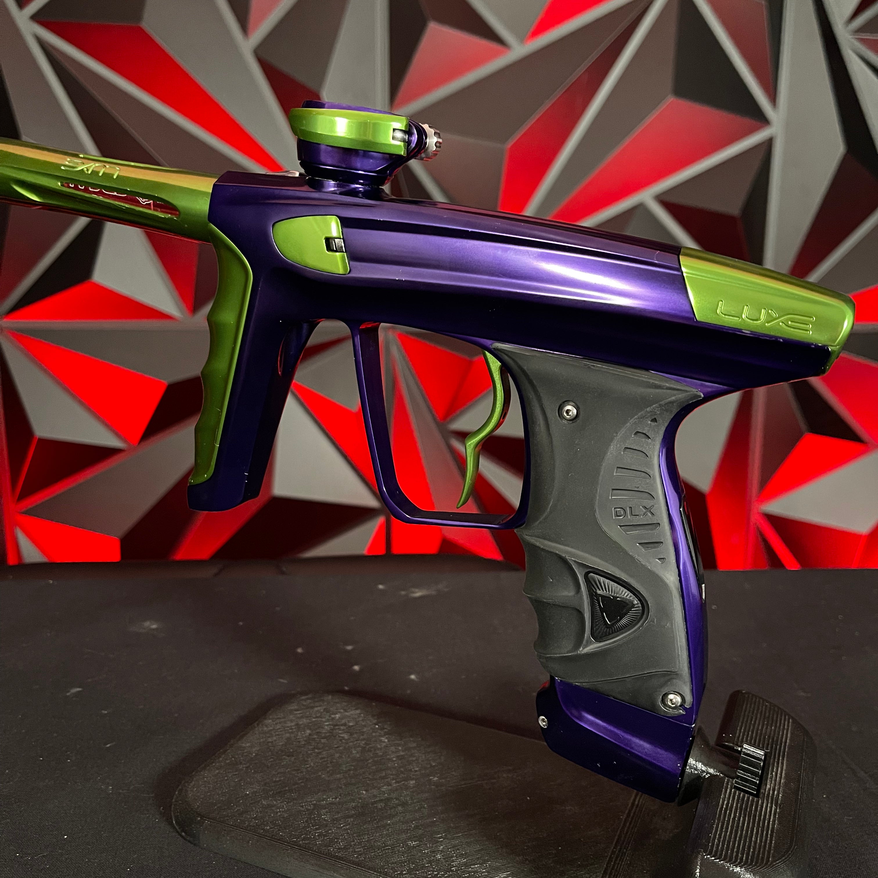 Used DLX Luxe X Paintball Gun - Gloss Purple / Gloss Lime w/ Deuce Trigger